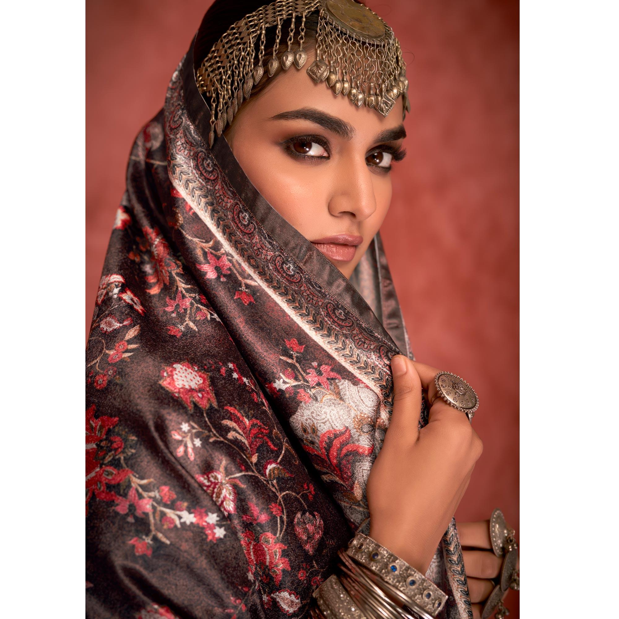 Brown Embroidered Velvet Pakistani Suit - Peachmode