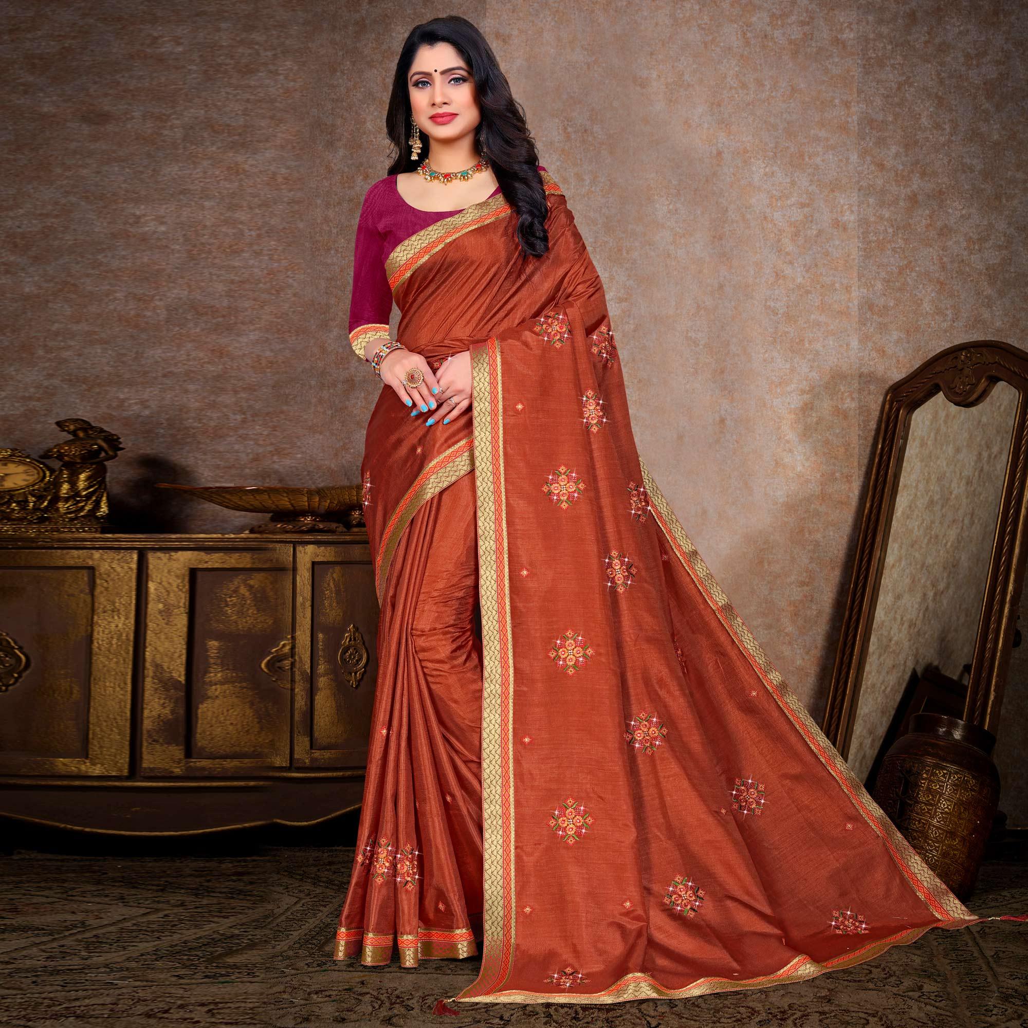 Brown Embroidered Vichitra Silk Saree - Peachmode