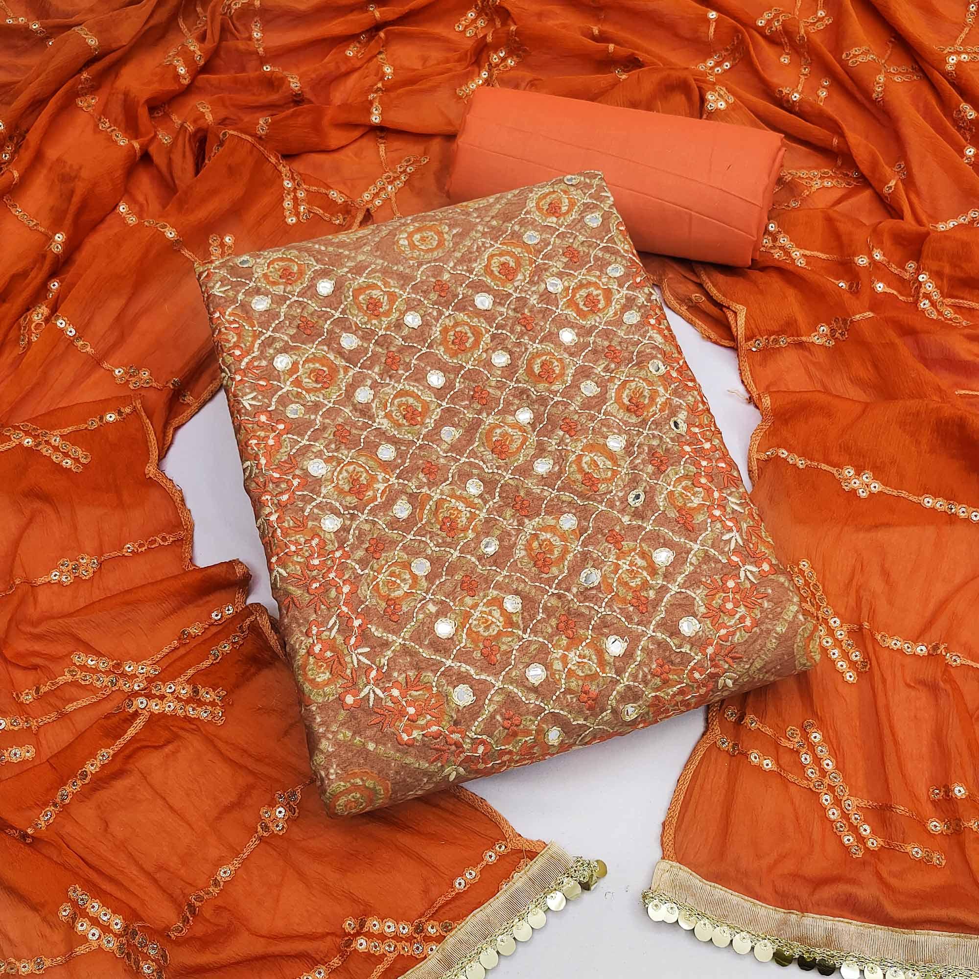 Brown Embroidered With Embellished Poly Cotton Dress Material - Peachmode
