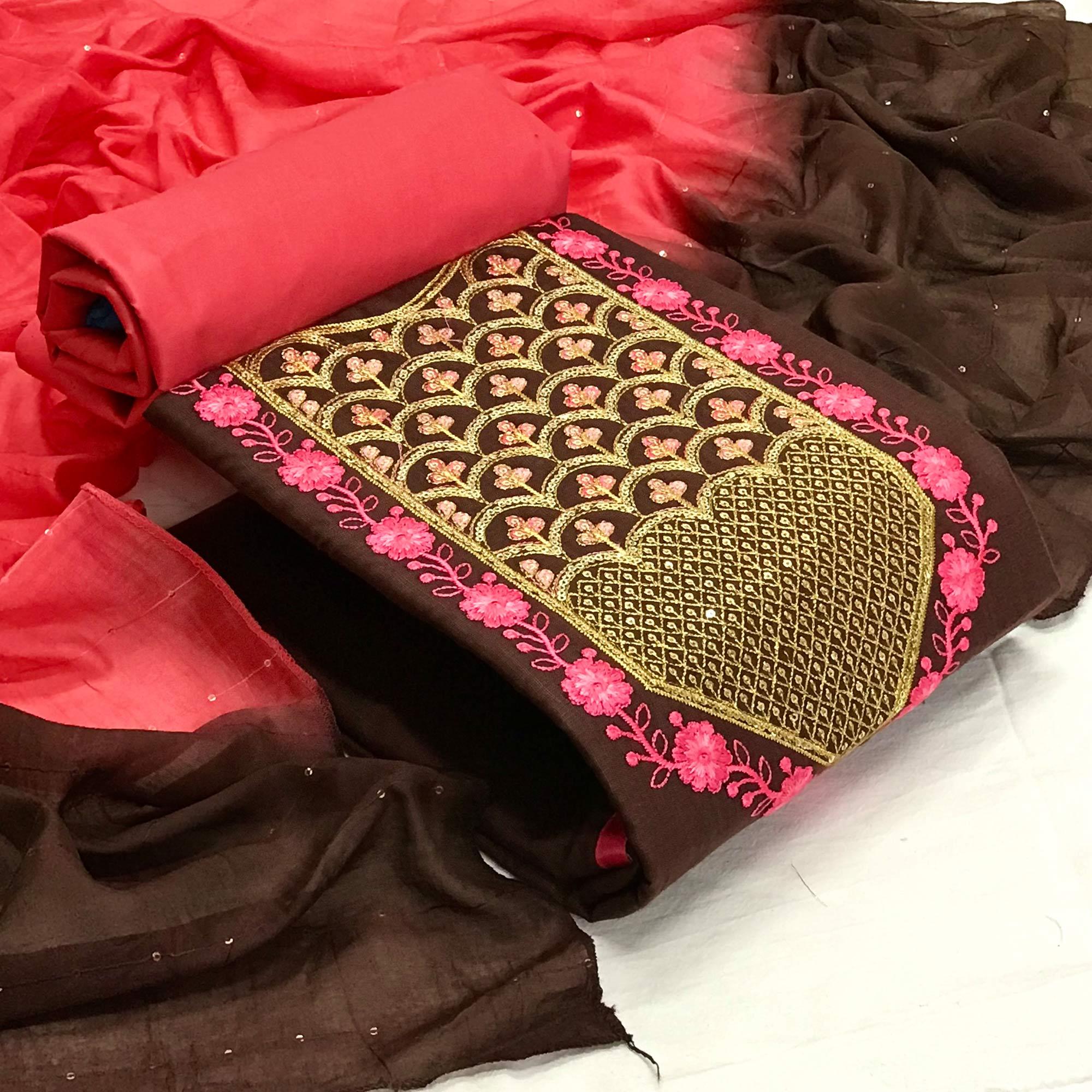 Brown Embroidered With Embellished Poly Cotton Dress Material - Peachmode