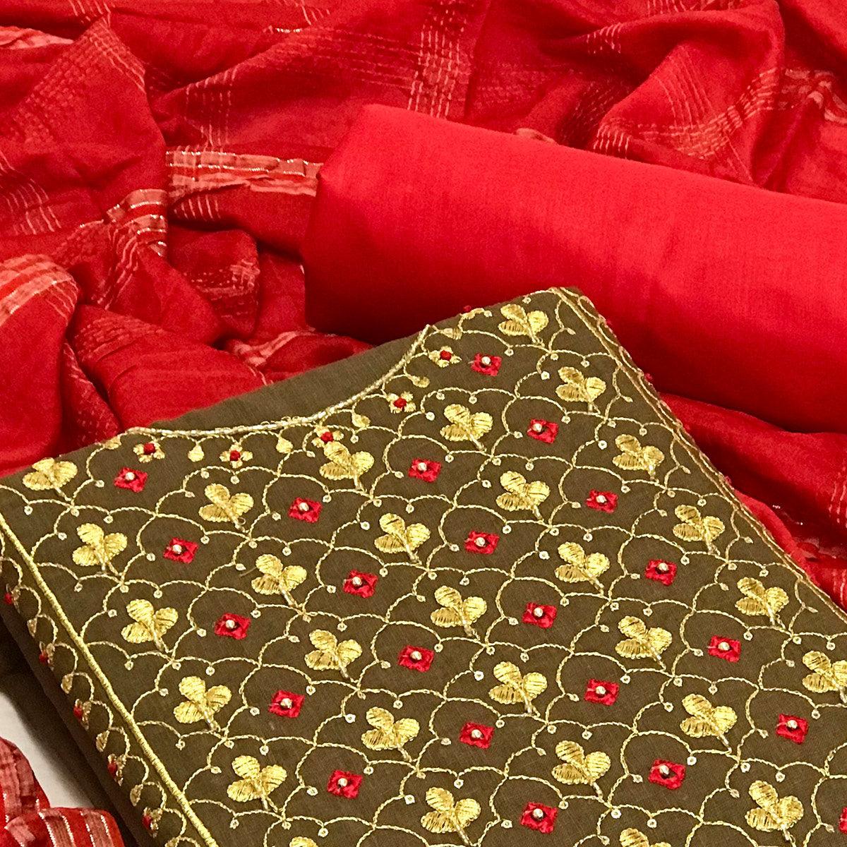 Brown Embroidered With Embellished Poly Cotton Dress Material - Peachmode