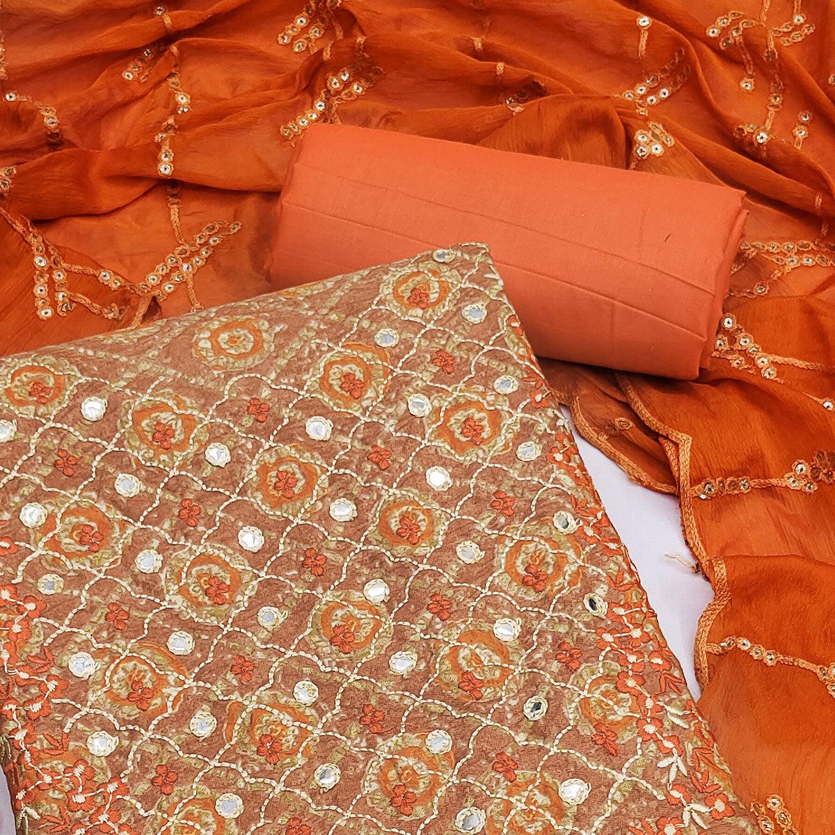 Brown Embroidered With Embellished Poly Cotton Dress Material - Peachmode