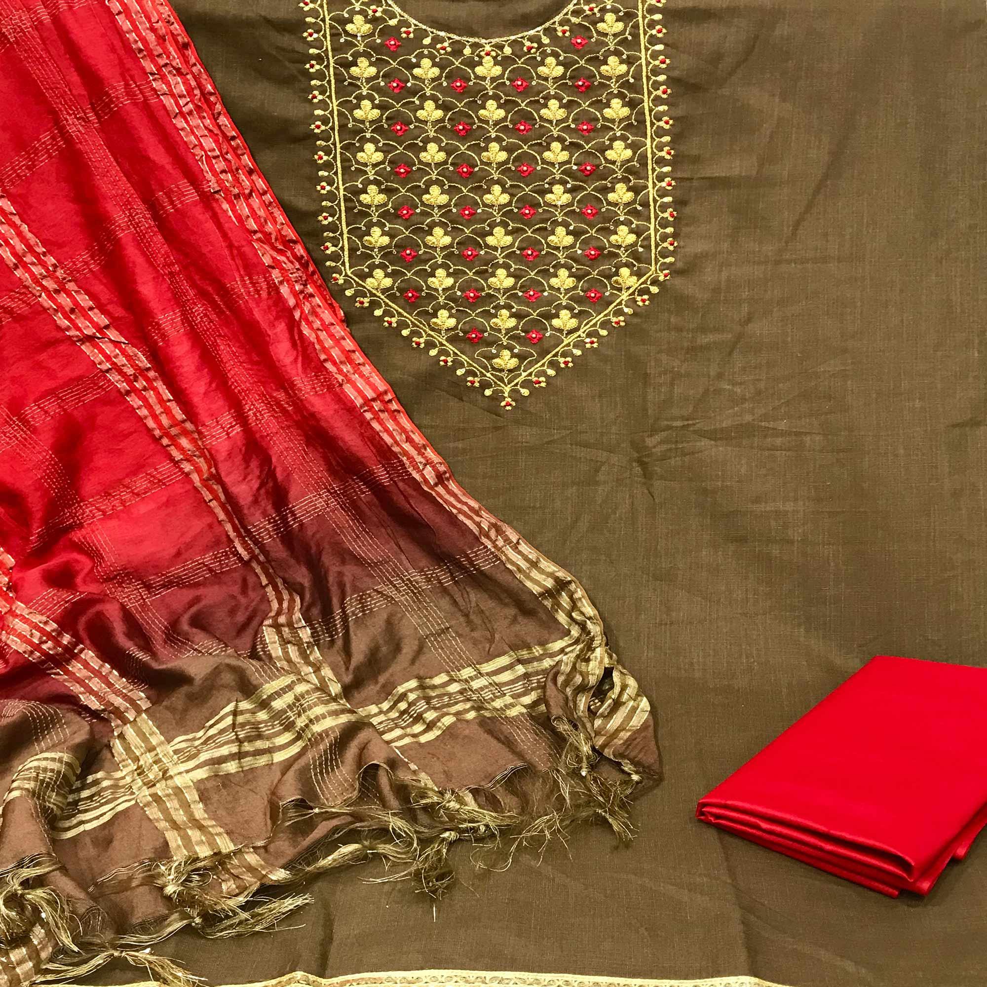 Brown Embroidered With Embellished Poly Cotton Dress Material - Peachmode