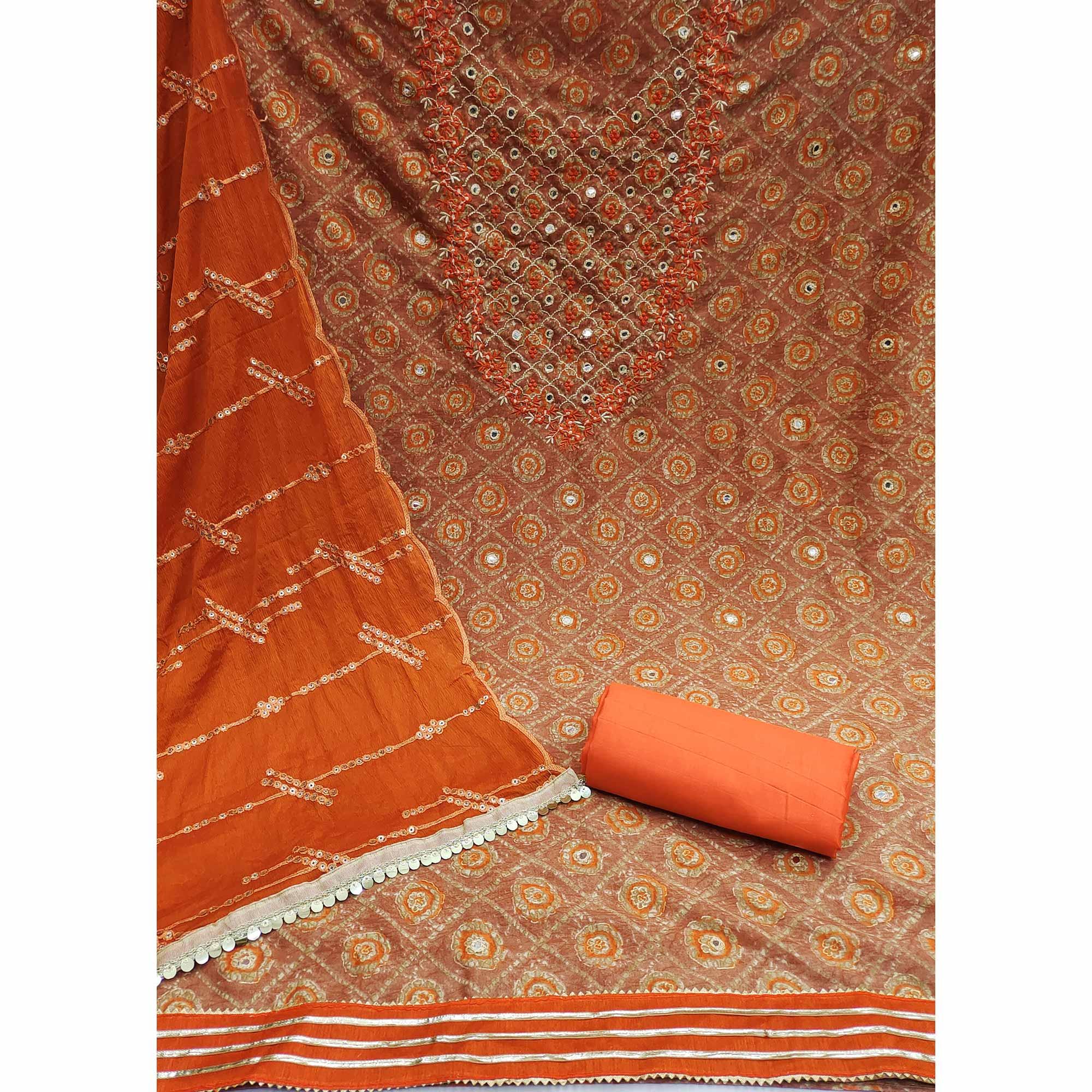 Brown Embroidered With Embellished Poly Cotton Dress Material - Peachmode