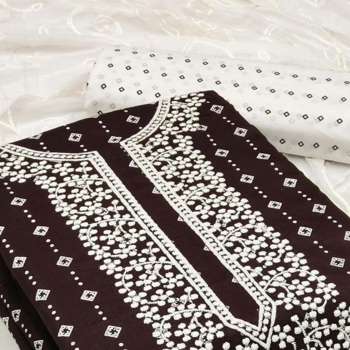 Brown Embroidered With Printed Rayon Dress Material - Peachmode