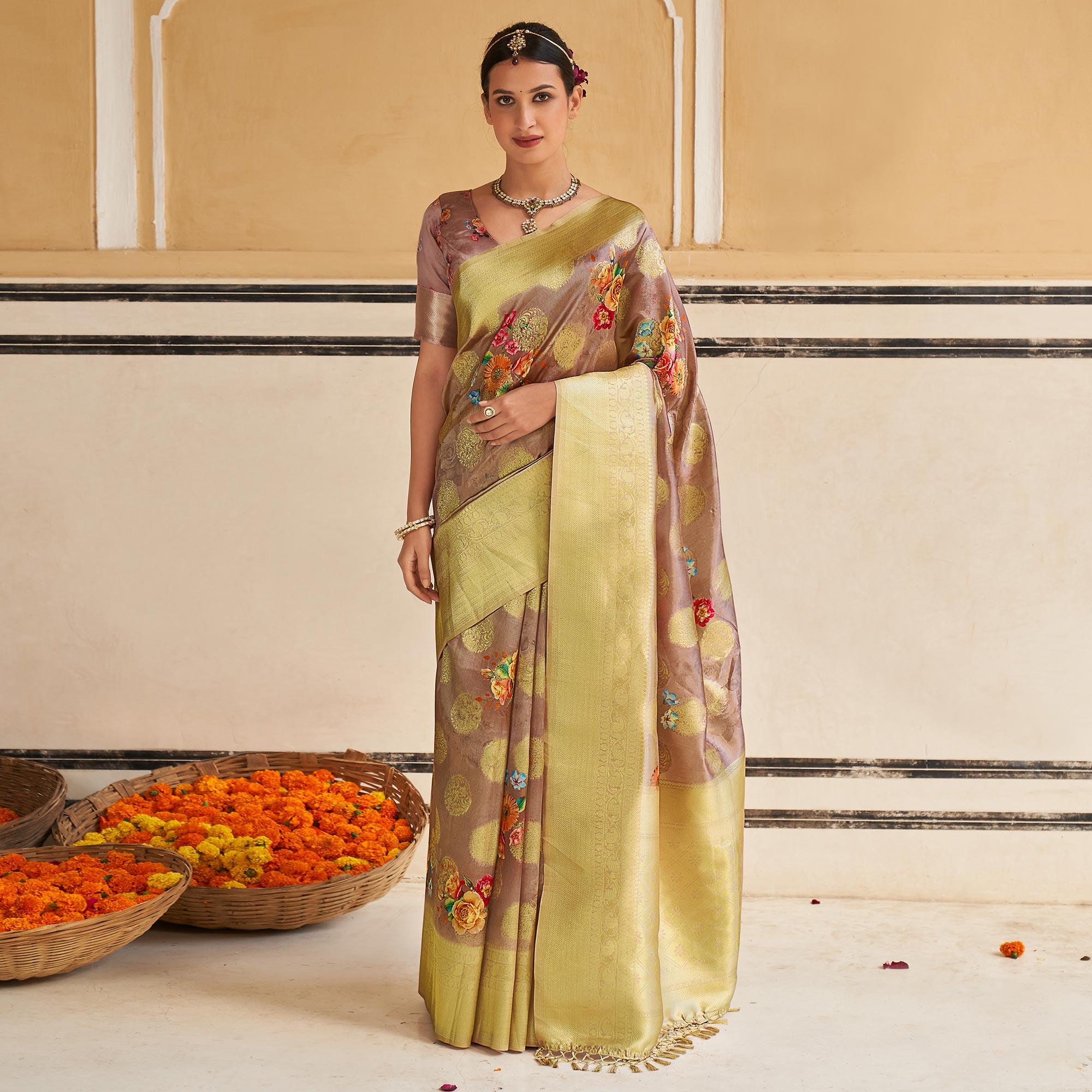 Brown Festive Wear Digital Printed Jacquard Silk Saree - Peachmode