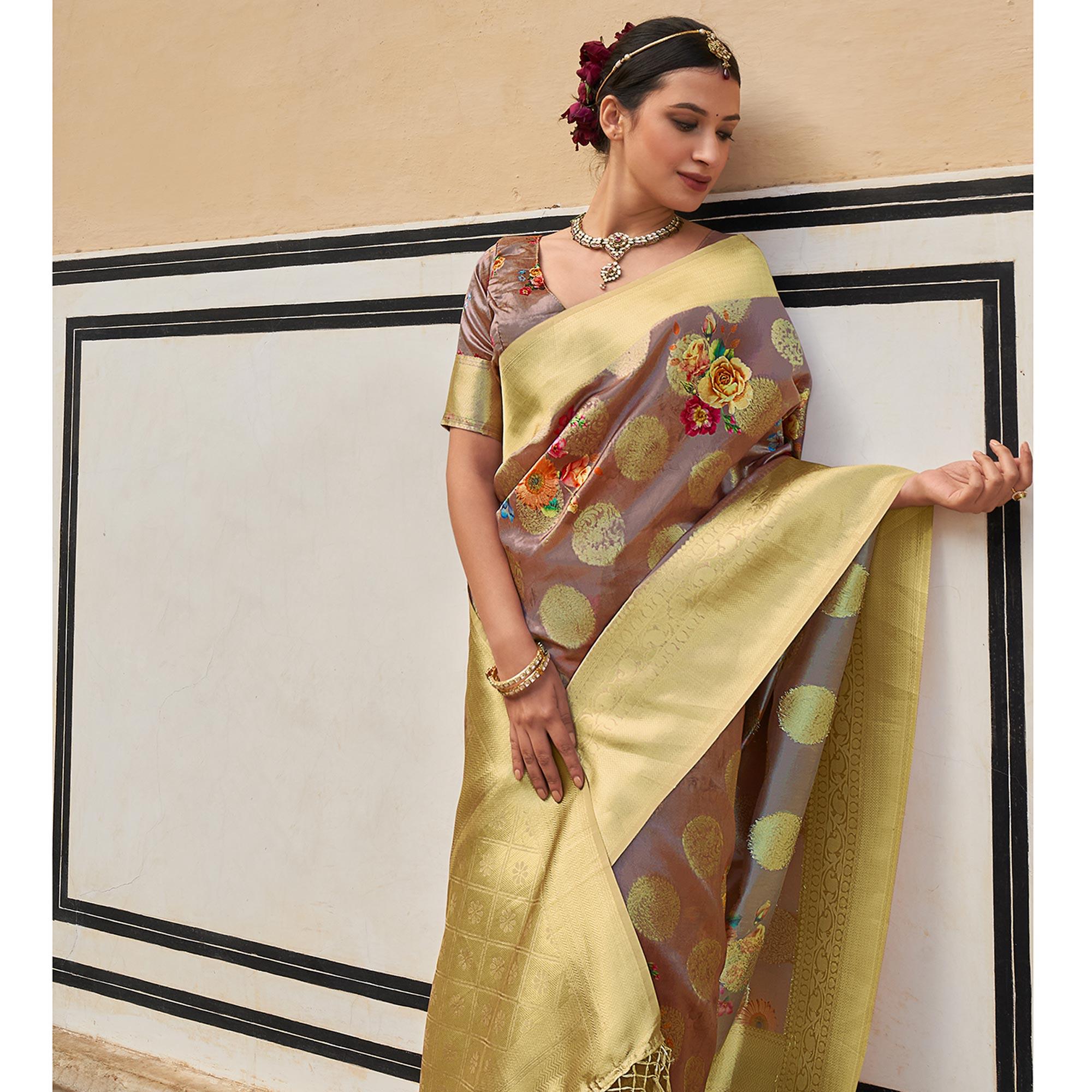 Brown Festive Wear Digital Printed Jacquard Silk Saree - Peachmode