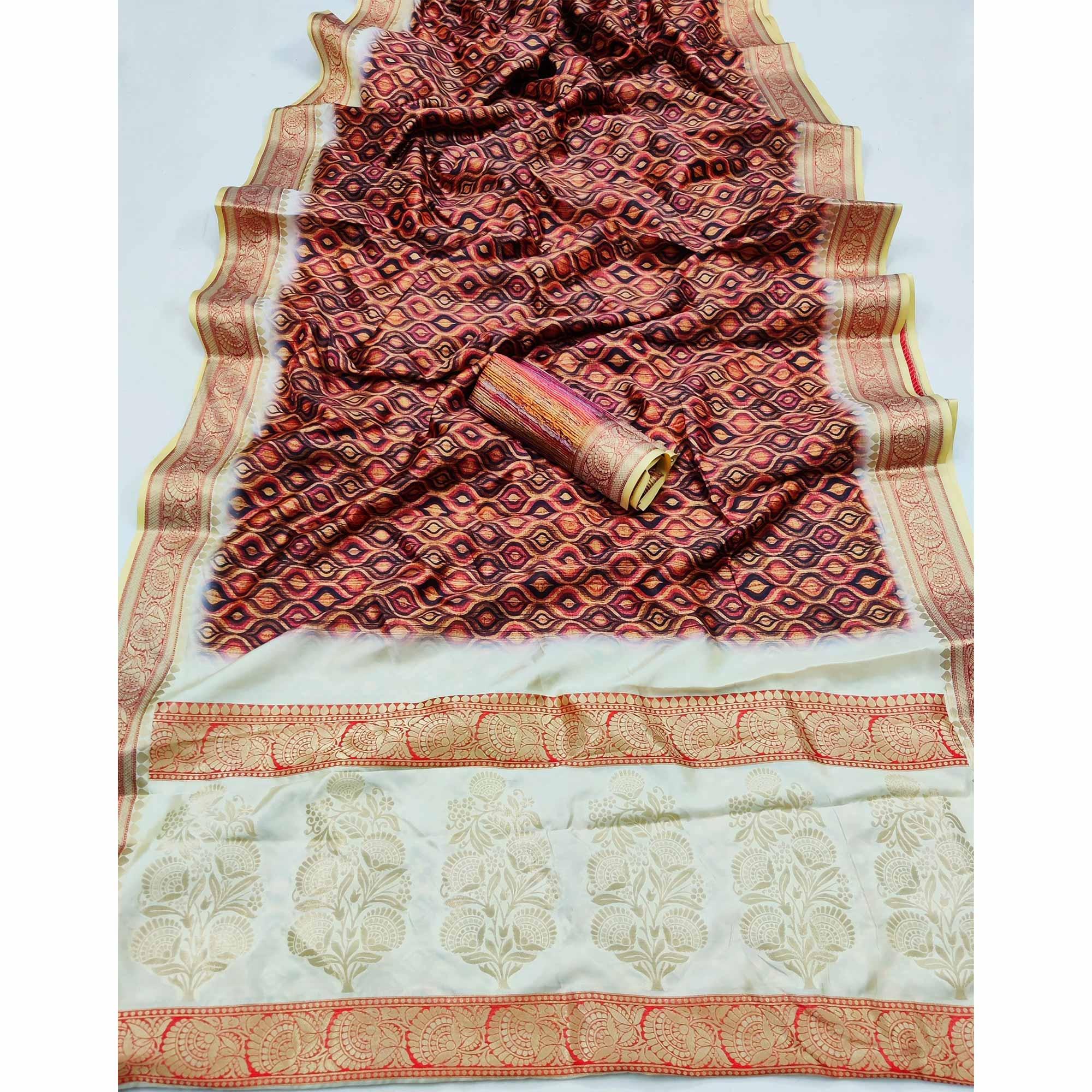 Brown Festive Wear Digital Printed Soft Silk Saree With Jacquard Border - Peachmode