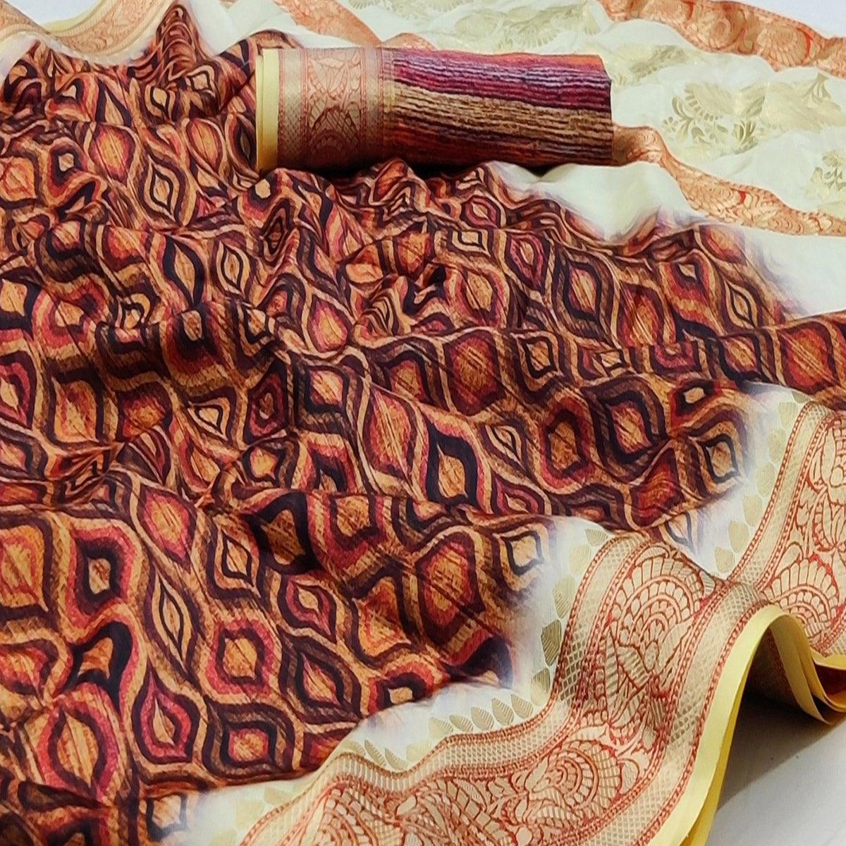 Brown Festive Wear Digital Printed Soft Silk Saree With Jacquard Border - Peachmode