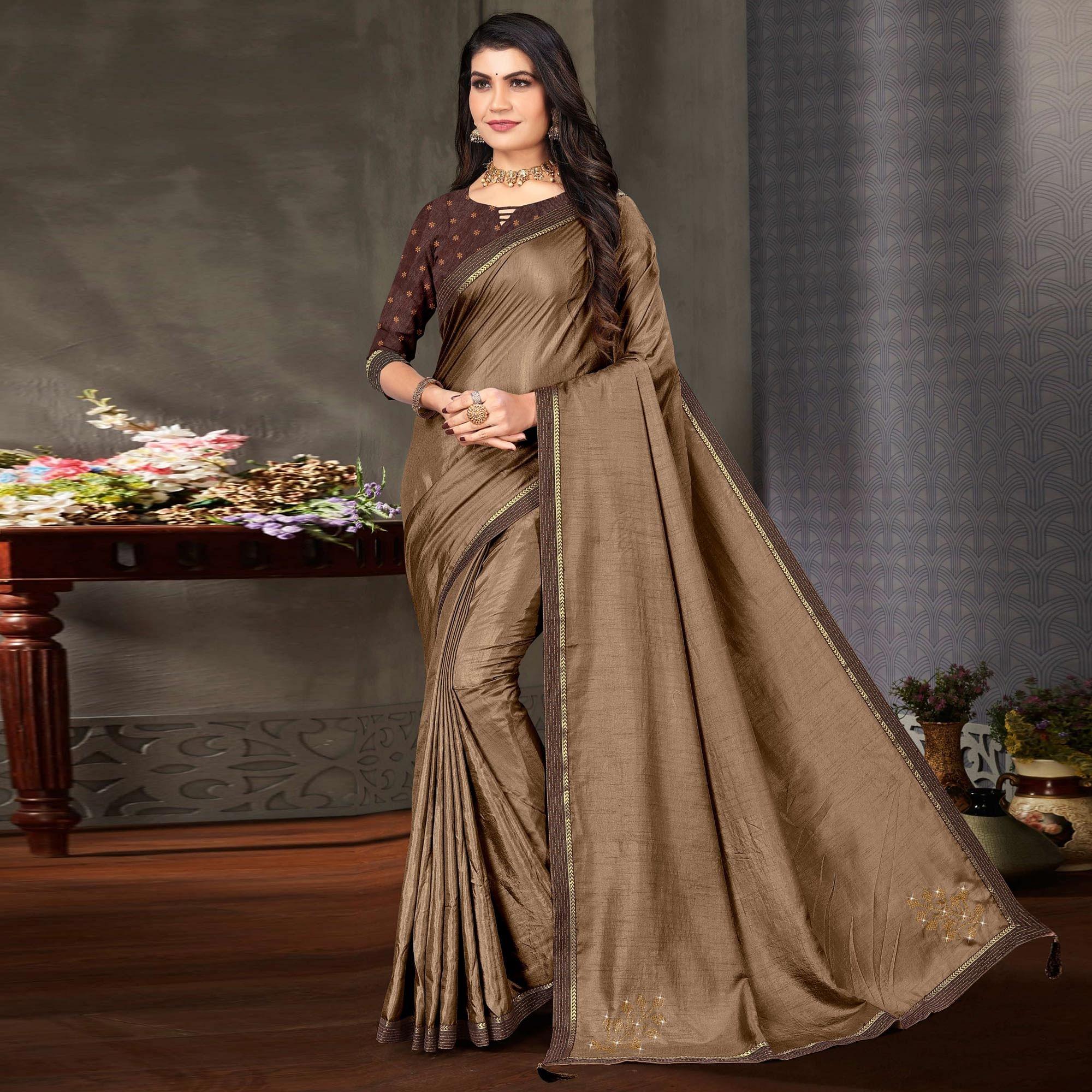 Brown Festive Wear Embellished Art Silk Saree - Peachmode