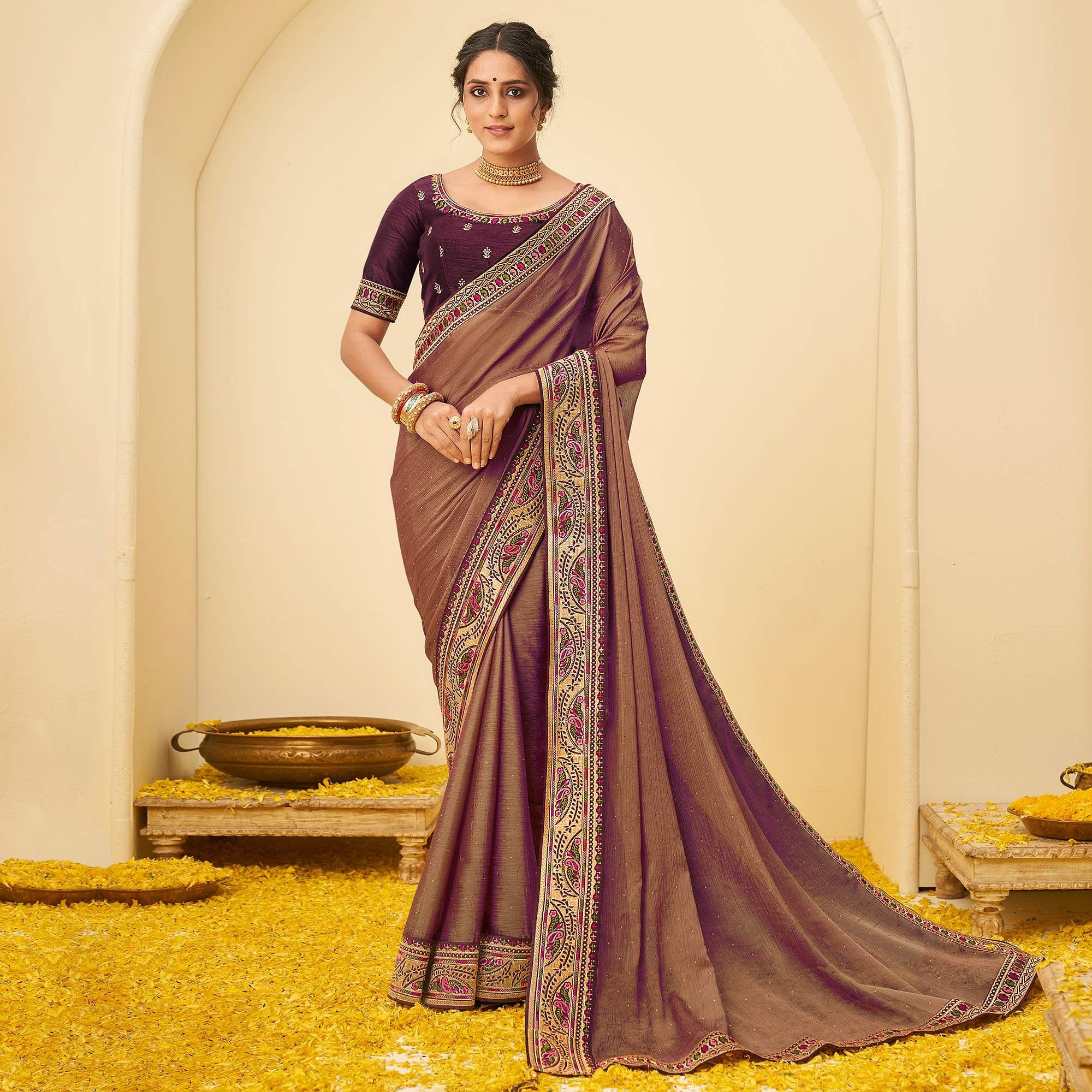Brown Festive Wear Embellished Chiffon Saree With Heavy Lace - Peachmode
