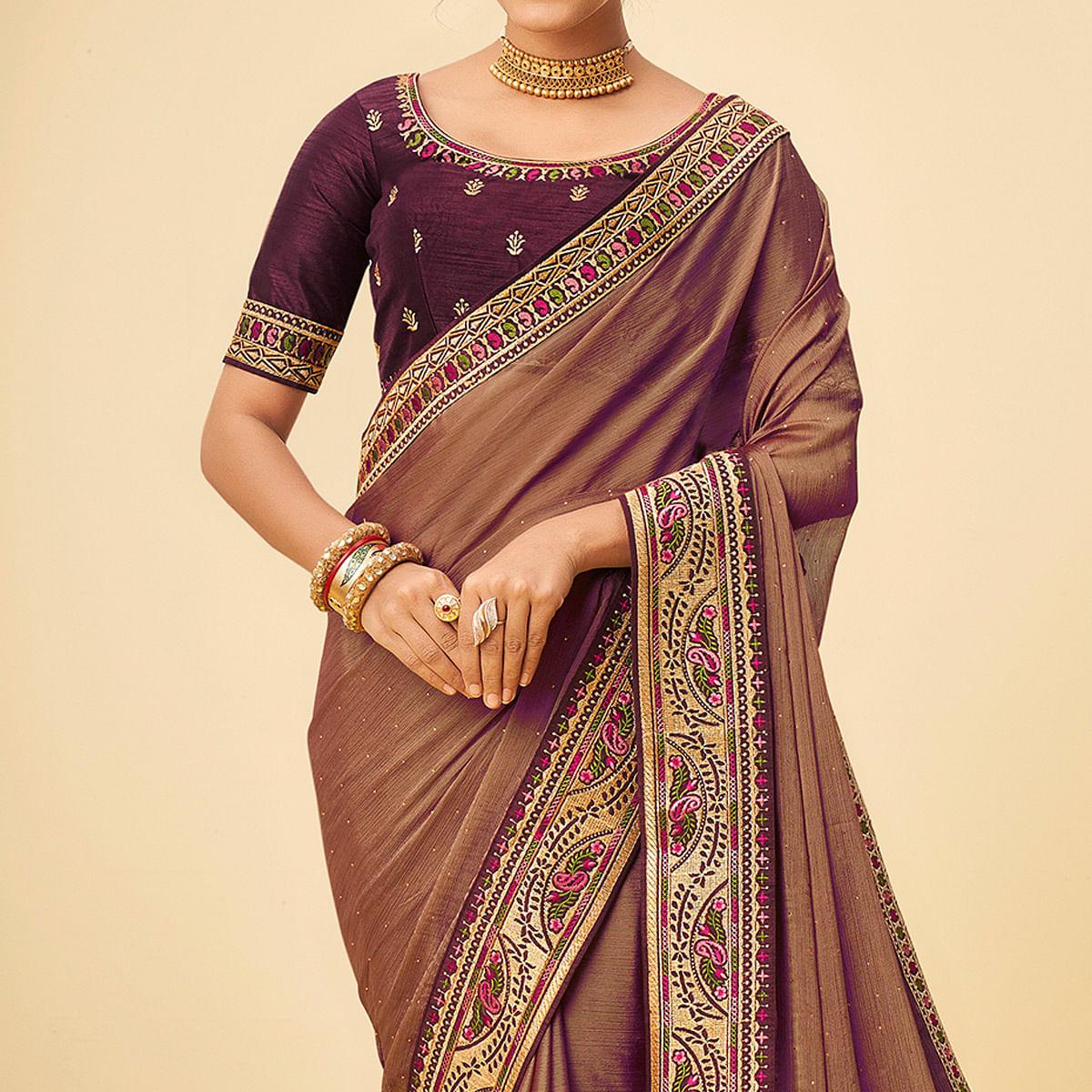 Brown Festive Wear Embellished Chiffon Saree With Heavy Lace - Peachmode