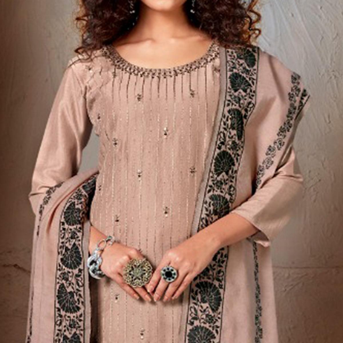 Brown Festive Wear Embroidered Chanderi Suit - Peachmode
