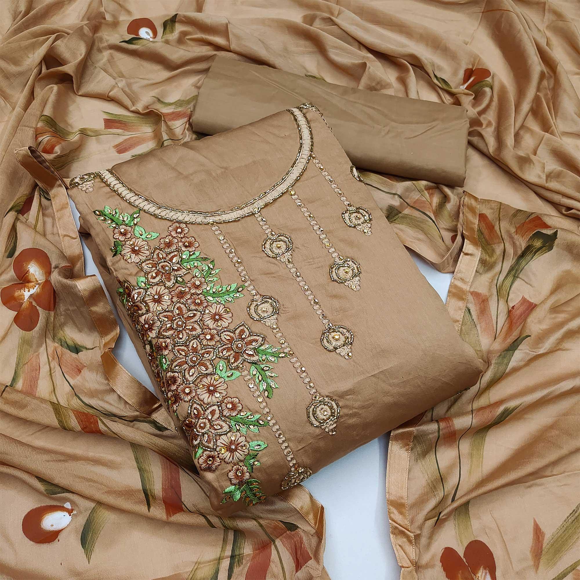 Brown Festive Wear Embroidered Cotton Dress Material - Peachmode