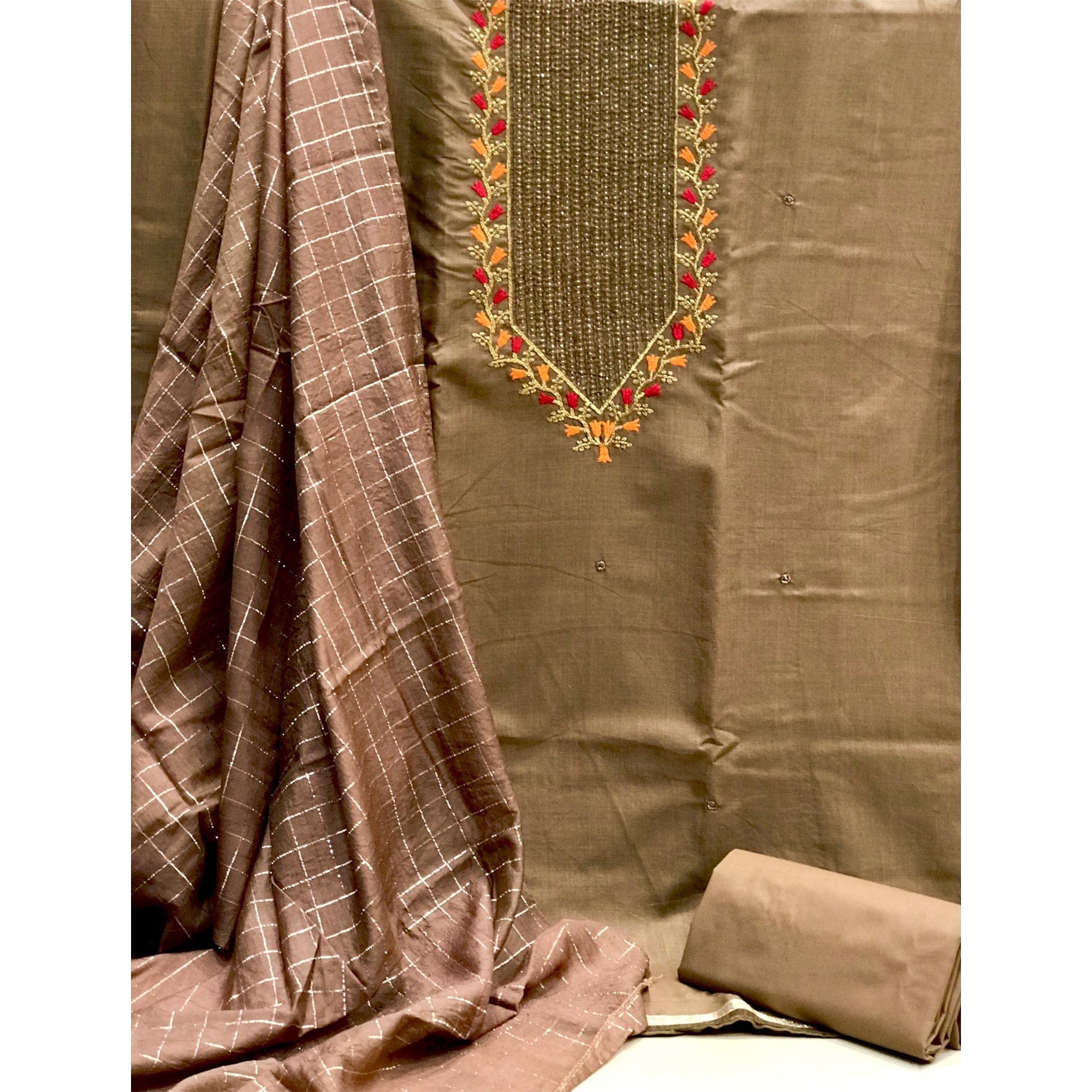 Brown Festive Wear Embroidered Cotton Dress Material - Peachmode