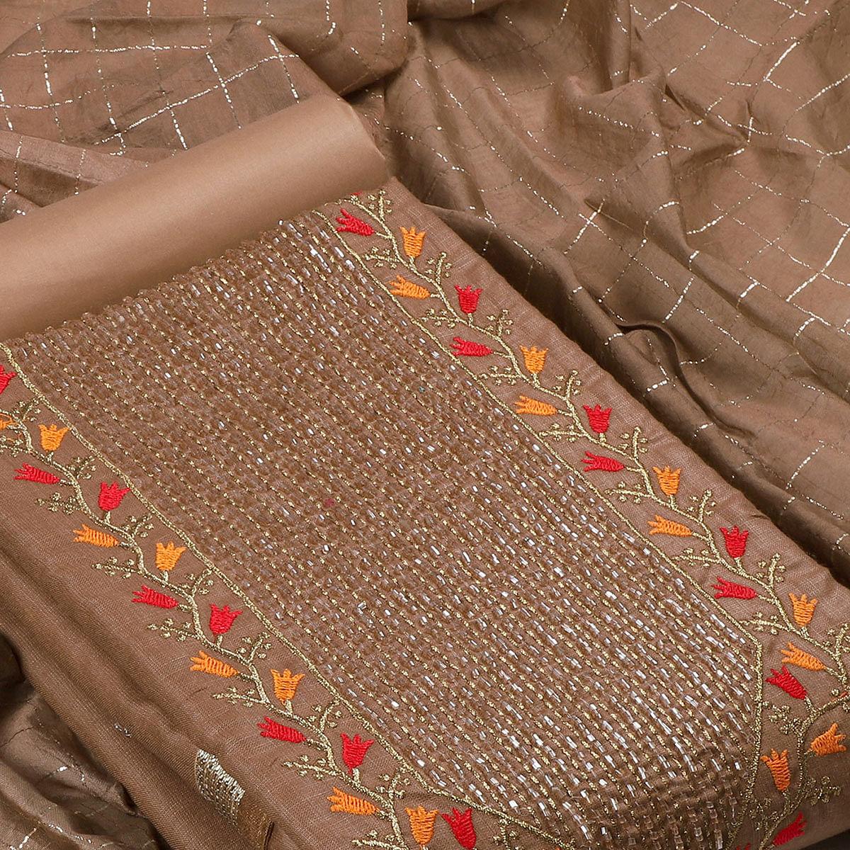 Brown Festive Wear Embroidered Cotton Dress Material - Peachmode