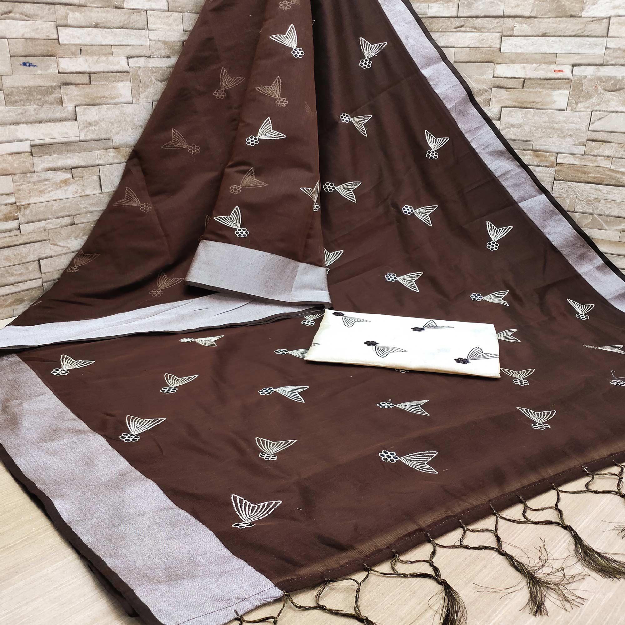 Brown Festive Wear Embroidered Cotton Saree With Tassels - Peachmode