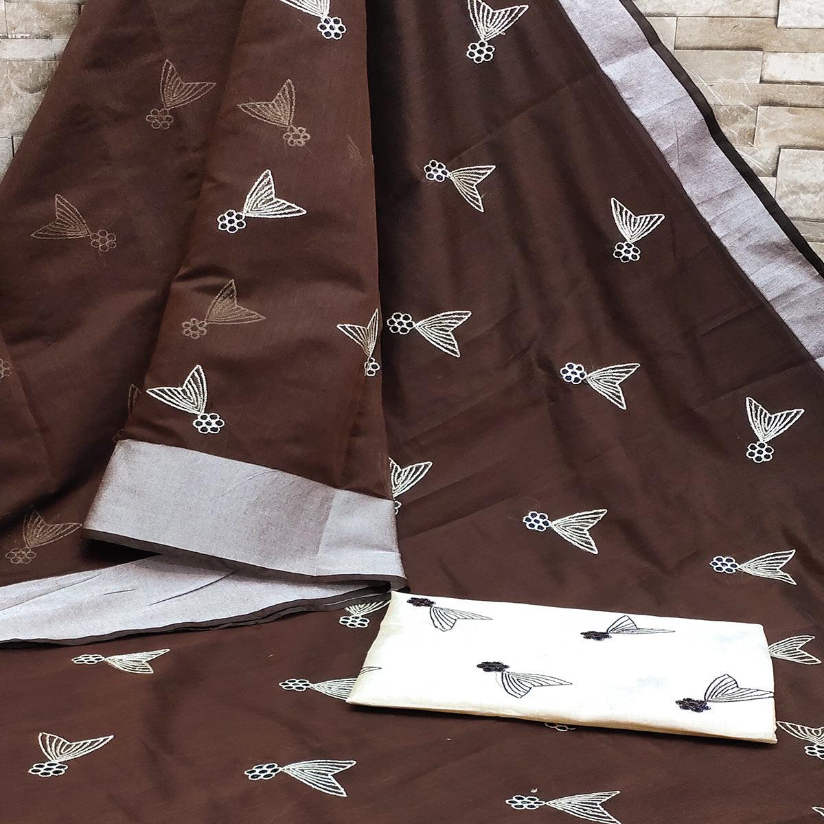 Brown Festive Wear Embroidered Cotton Saree With Tassels - Peachmode