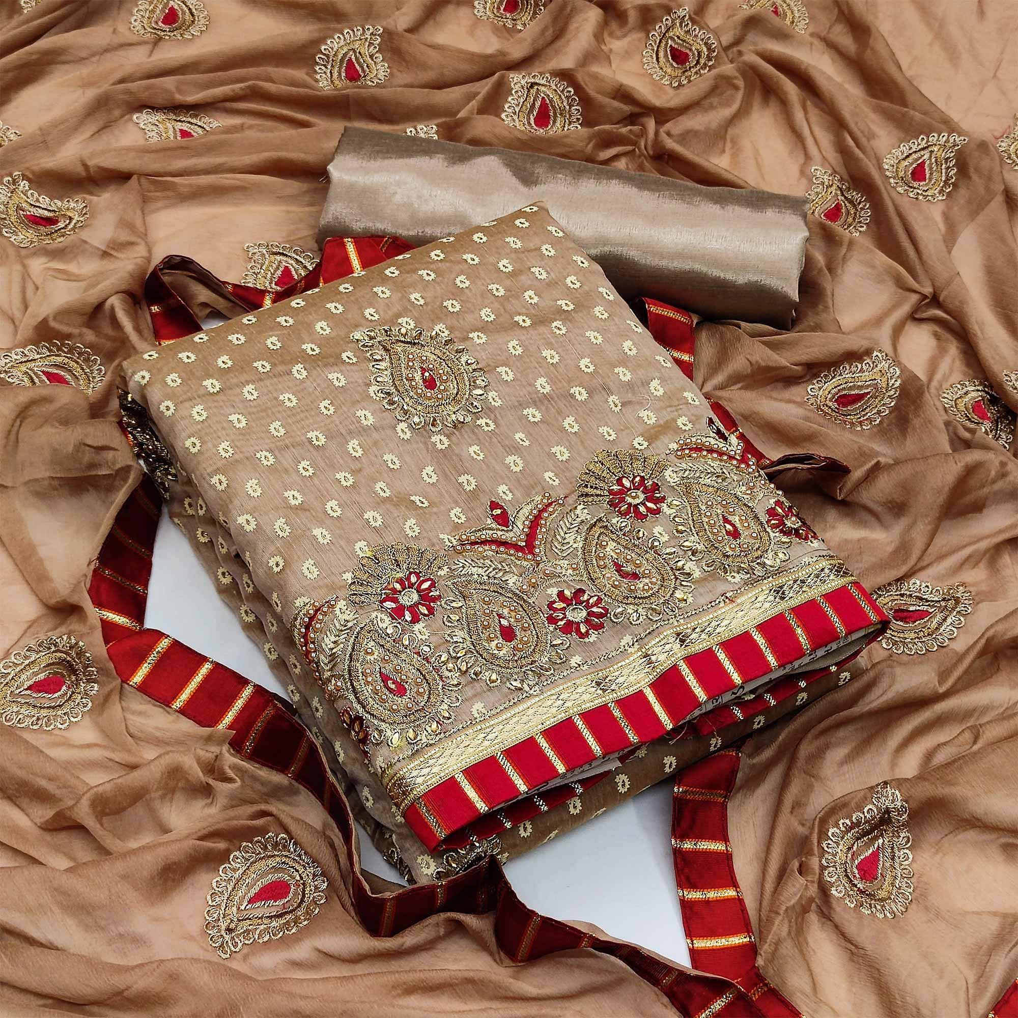 Brown Festive Wear Embroidered Fancy Dress Material - Peachmode