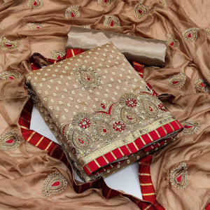 Brown Festive Wear Embroidered Fancy Dress Material - Peachmode