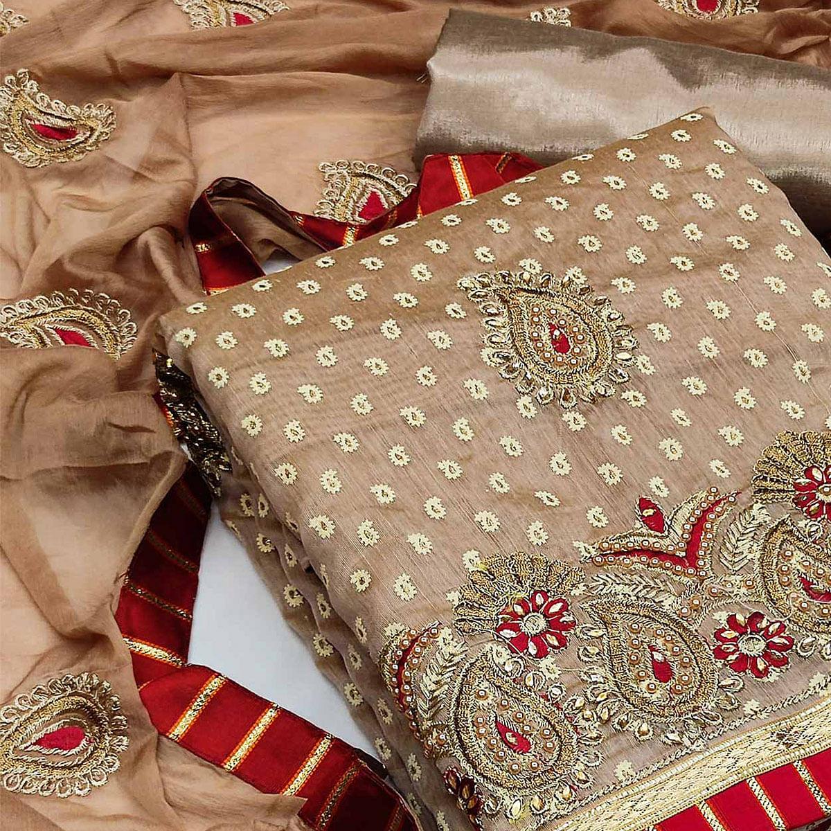 Brown Festive Wear Embroidered Fancy Dress Material - Peachmode