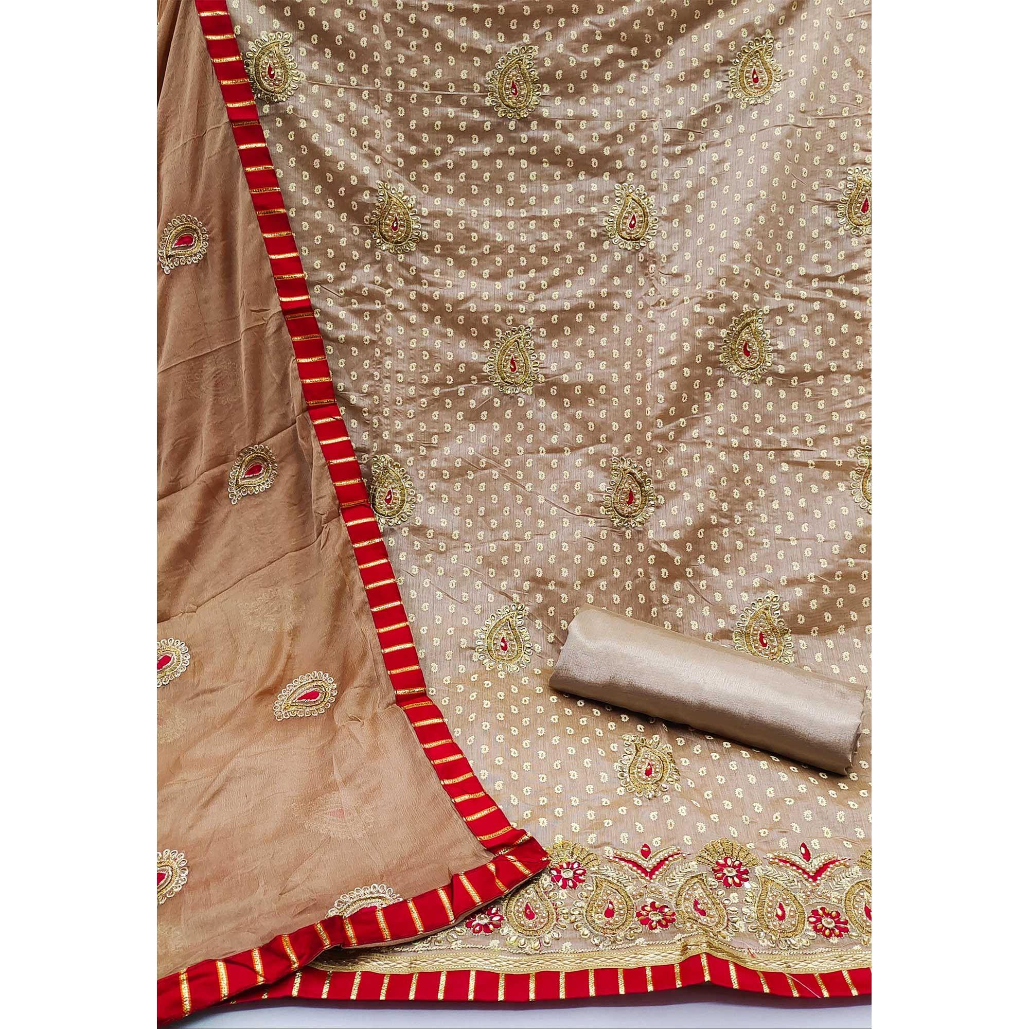 Brown Festive Wear Embroidered Fancy Dress Material - Peachmode