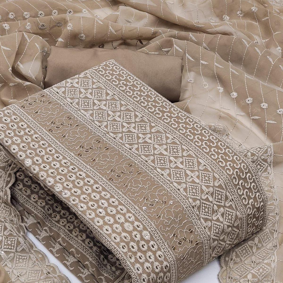 Brown Festive Wear Embroidered Georgette Dress Material - Peachmode