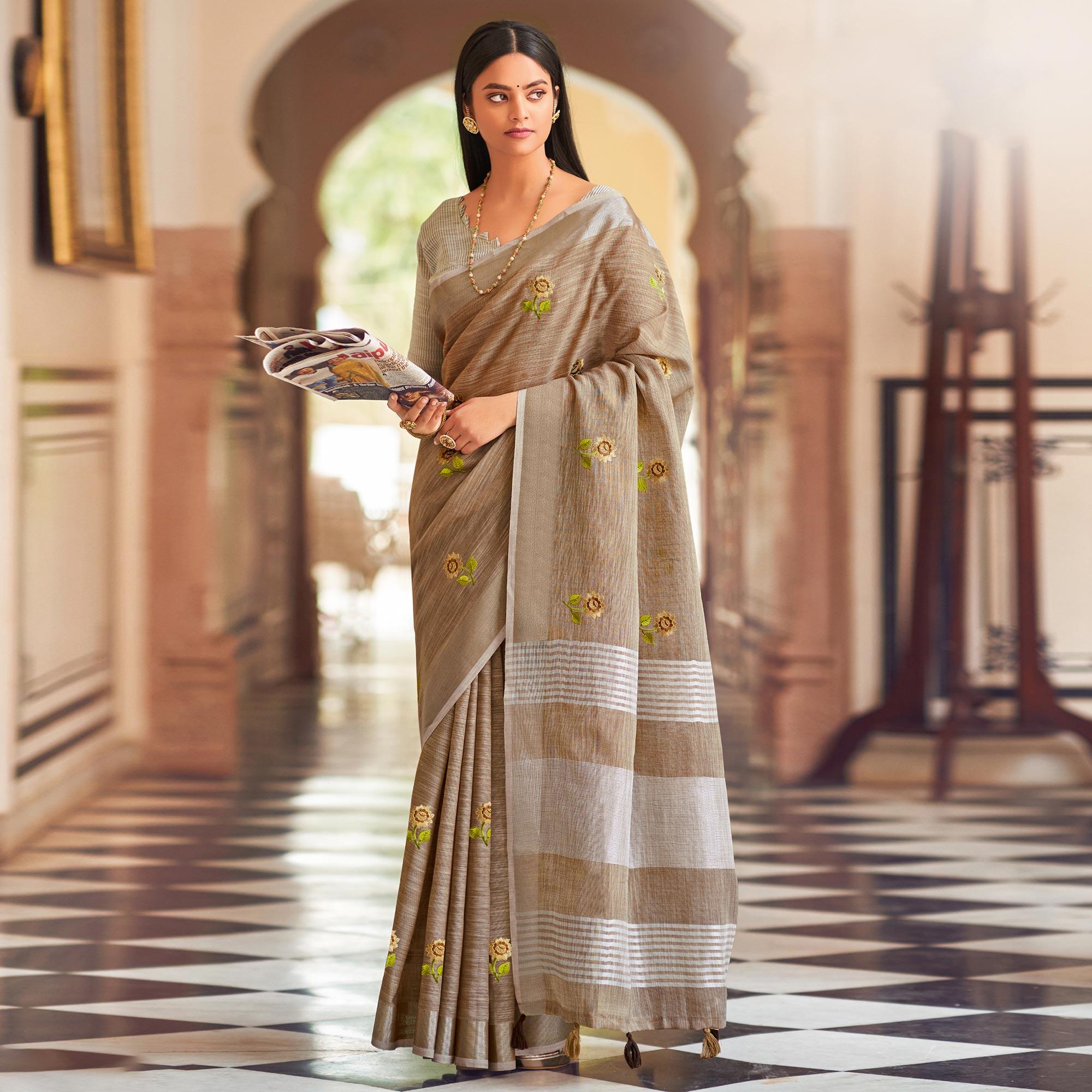 Brown Festive Wear Embroidered Linen Saree - Peachmode