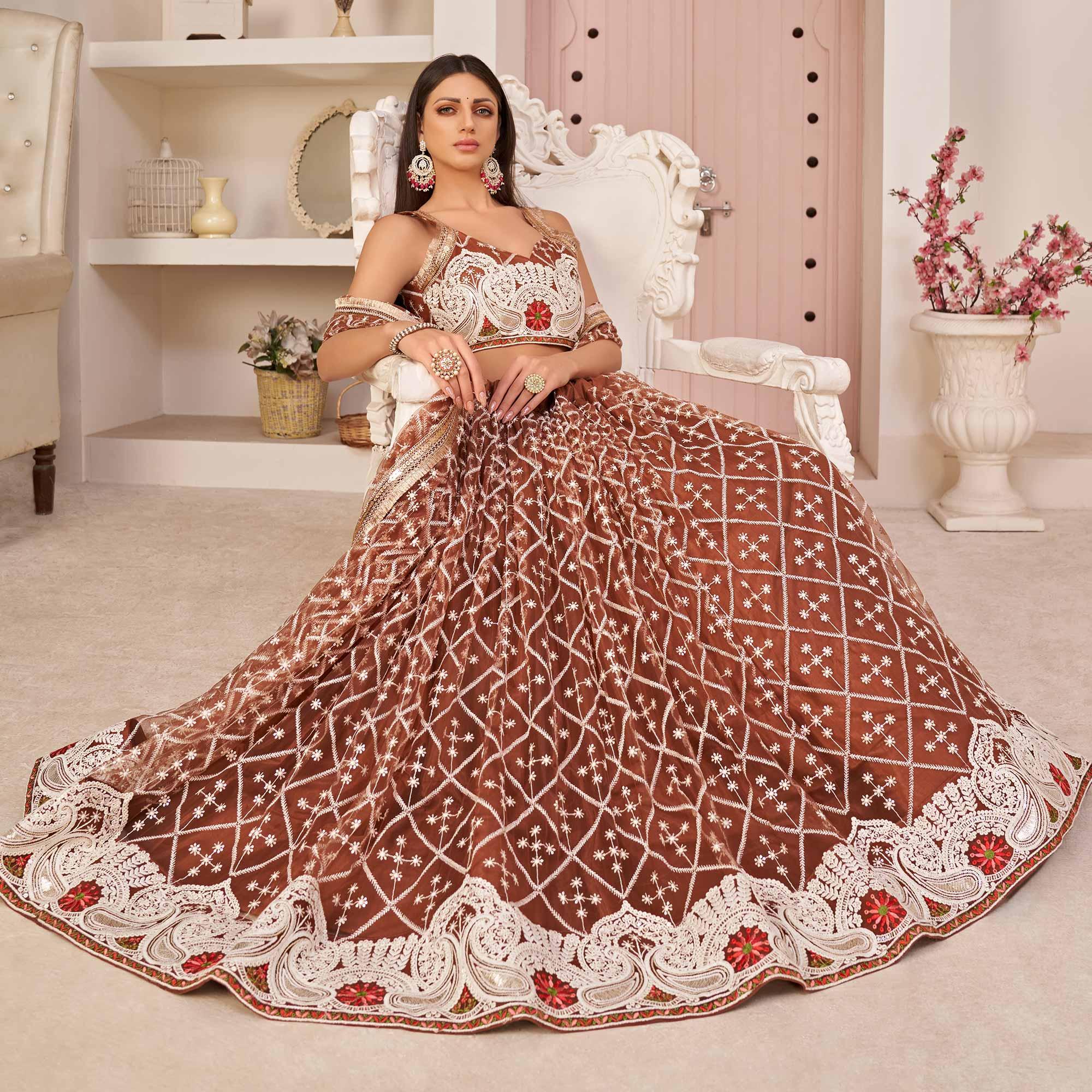 Brown Festive Wear Embroidered Mono Net Lehenga Choli - Peachmode
