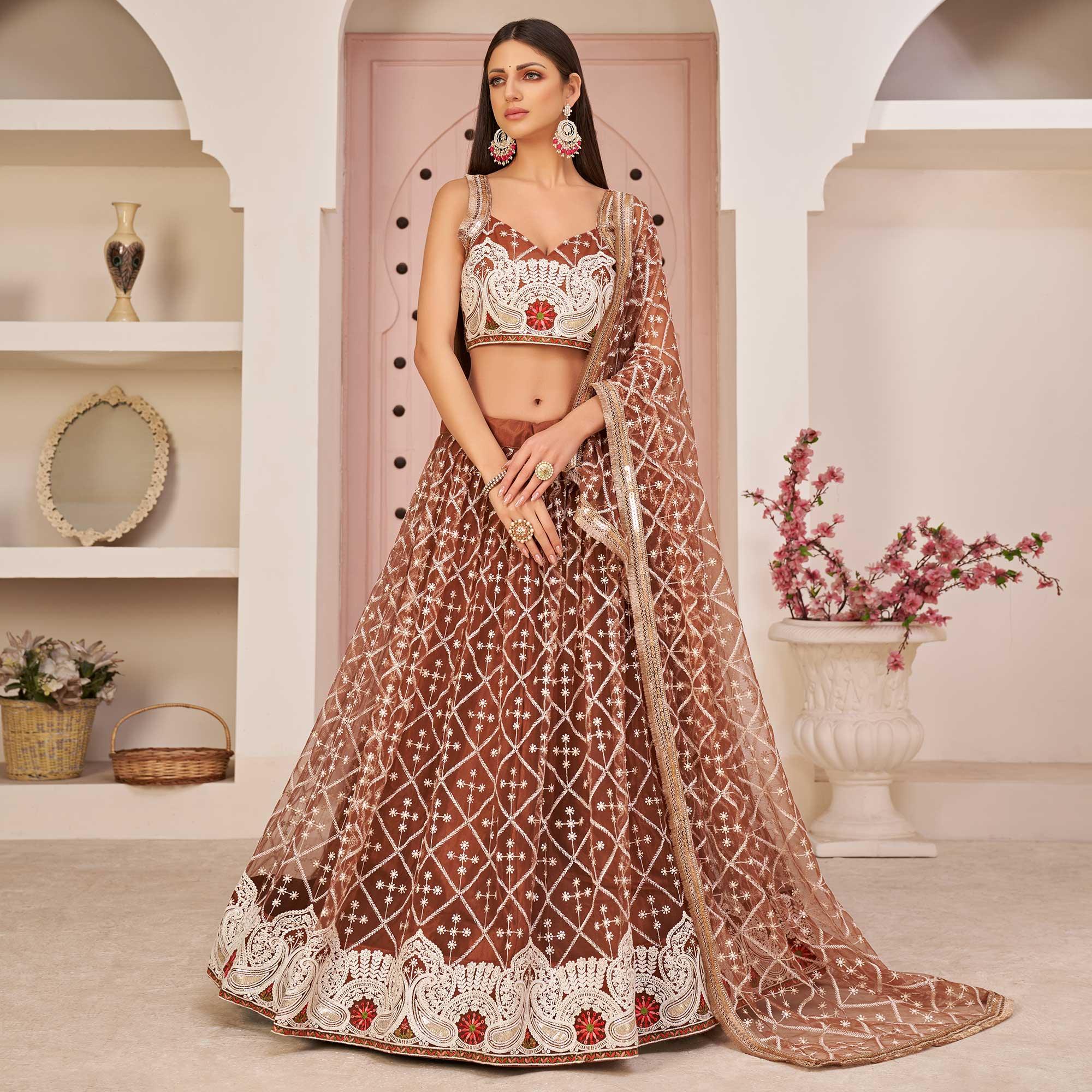 Brown Festive Wear Embroidered Mono Net Lehenga Choli - Peachmode