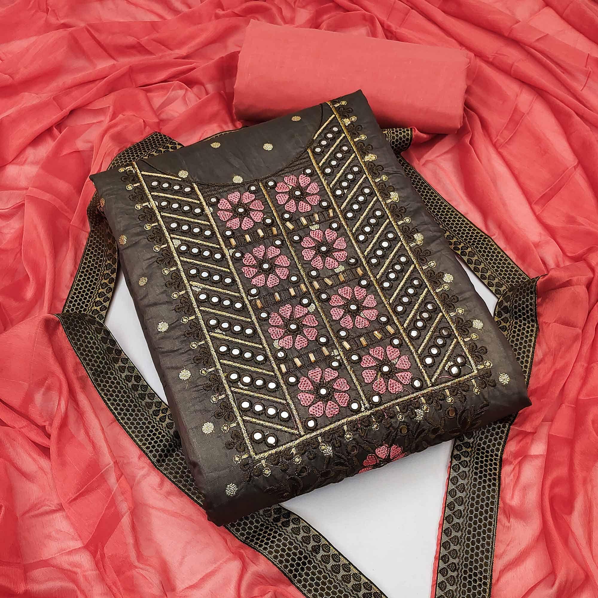 Brown Festive Wear Embroidered With Embellished Chanderi Dress Material - Peachmode