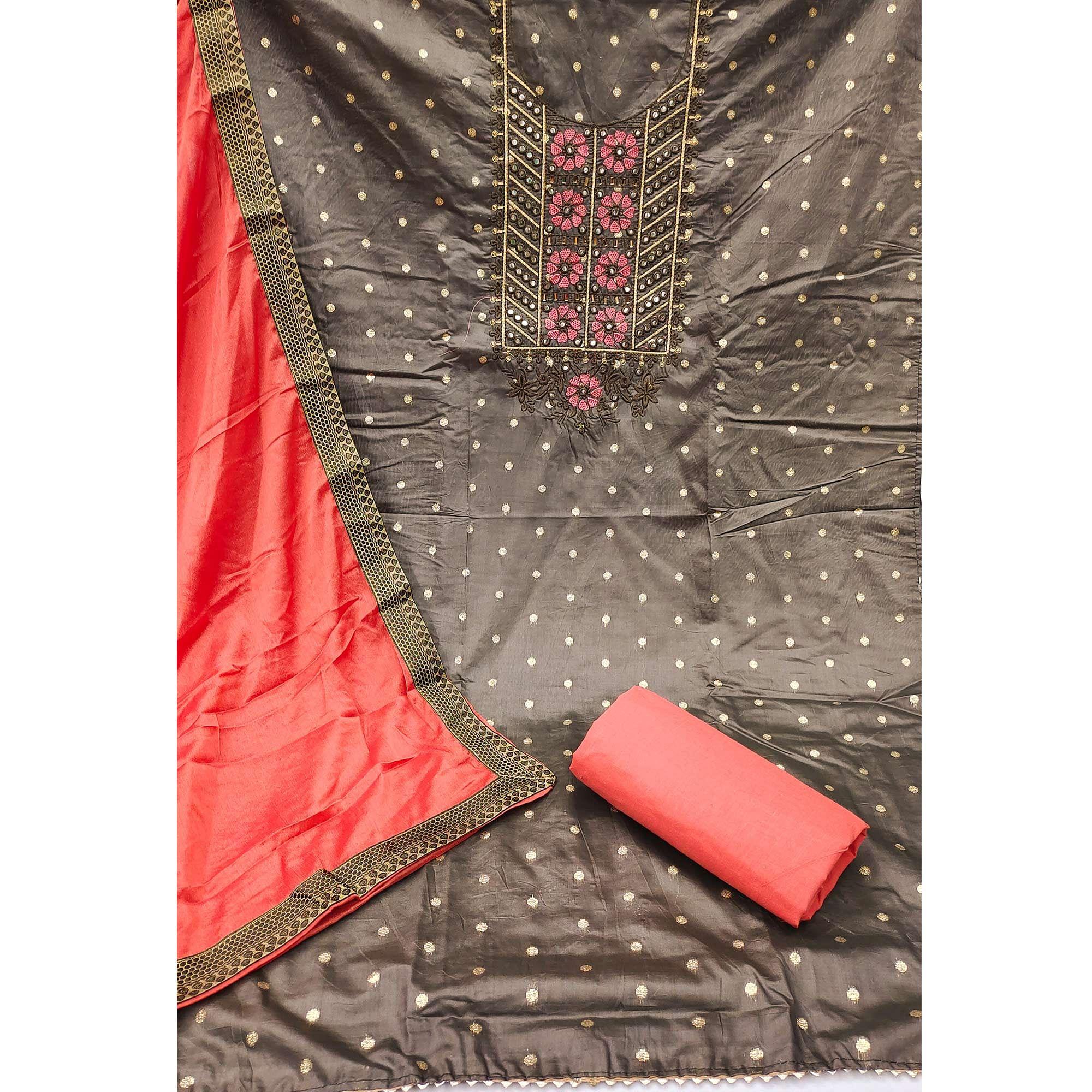 Brown Festive Wear Embroidered With Embellished Chanderi Dress Material - Peachmode