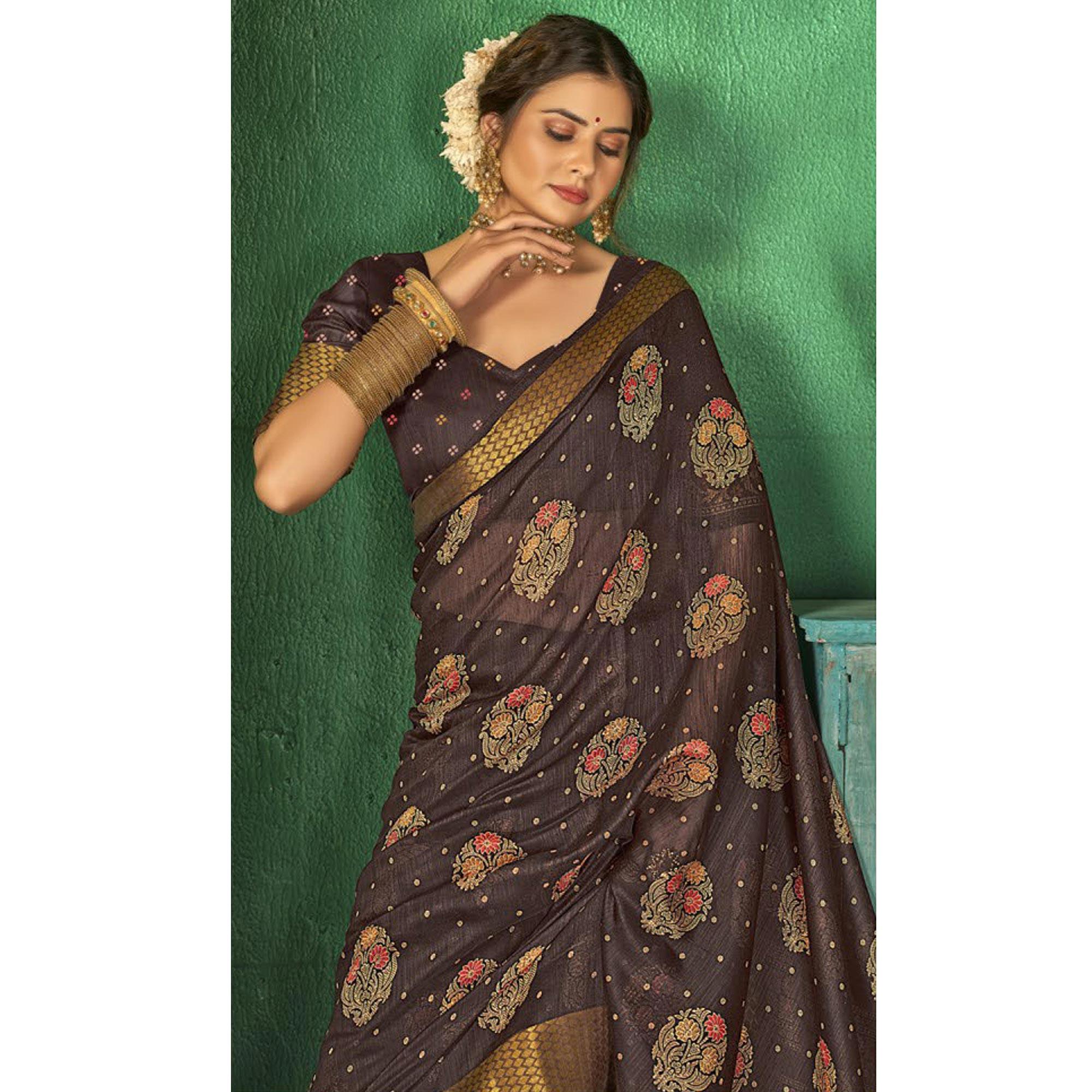 Brown Festive Wear Floral Digital Printed Cotton Saree - Peachmode