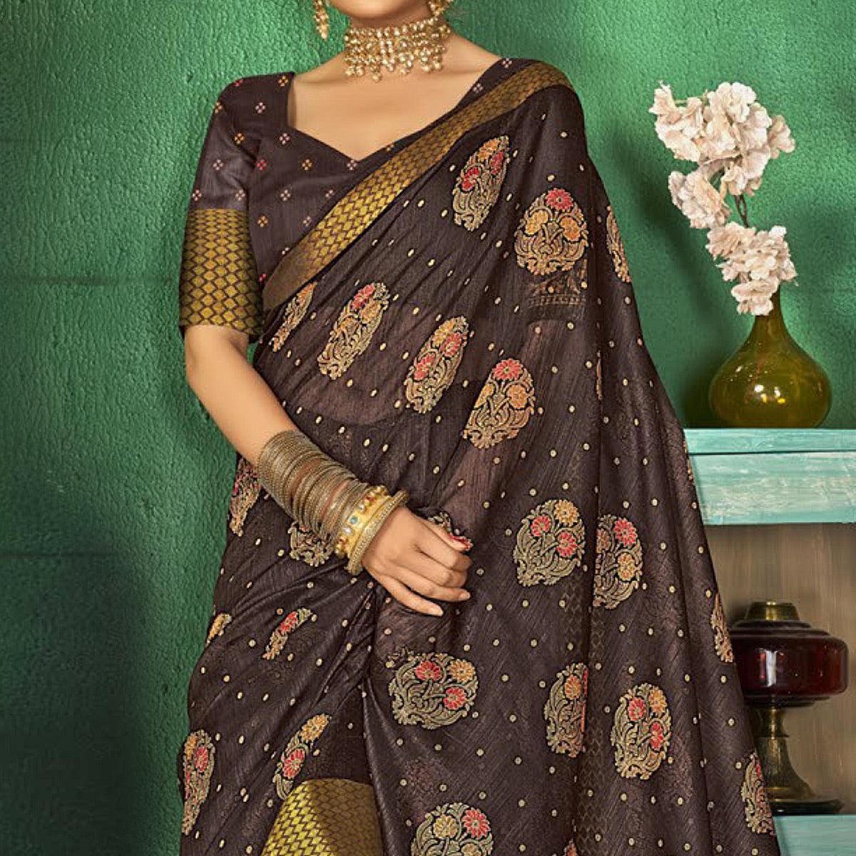 Brown Festive Wear Floral Digital Printed Cotton Saree - Peachmode