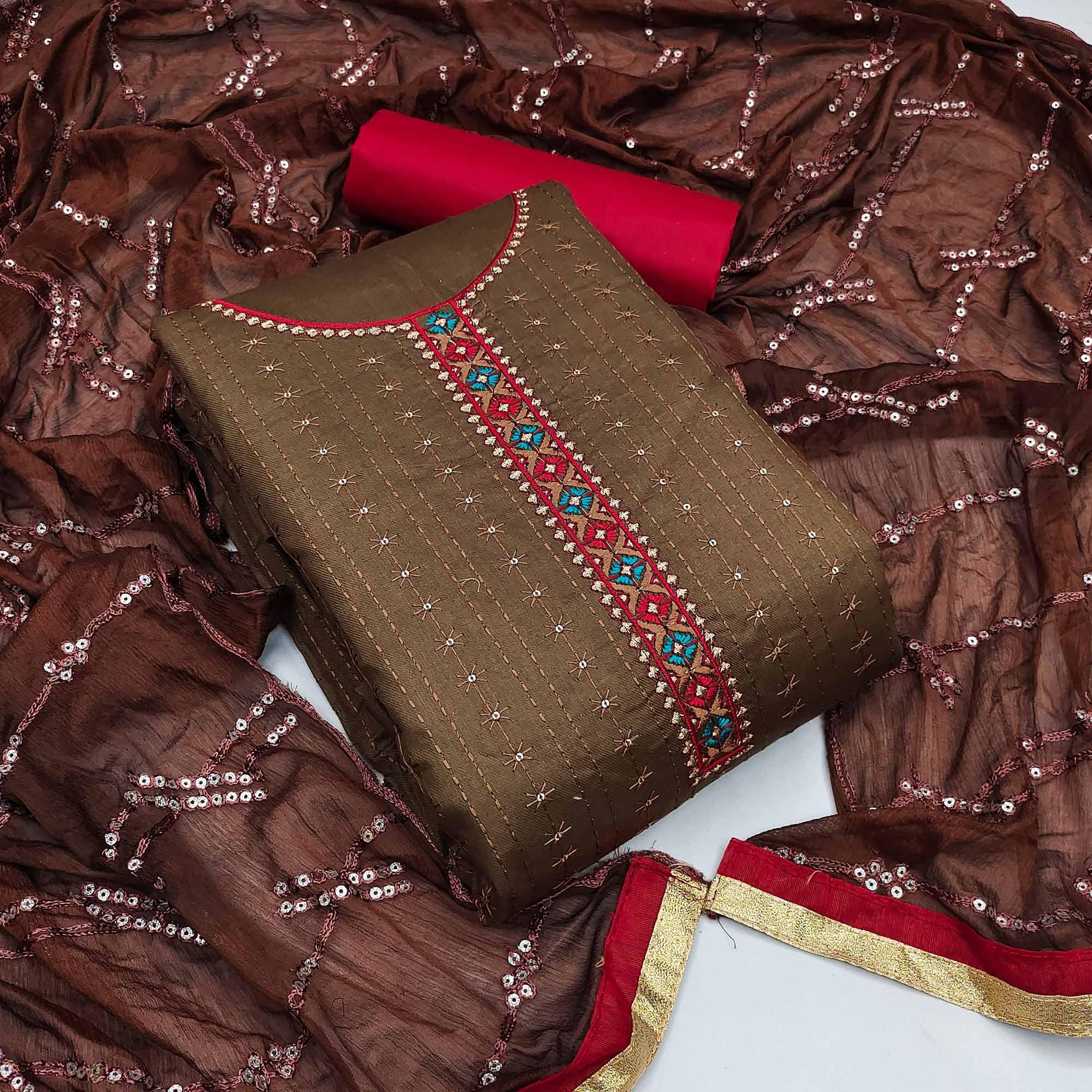 Brown Festive Wear Floral Embroidered Cotton Dress Material - Peachmode