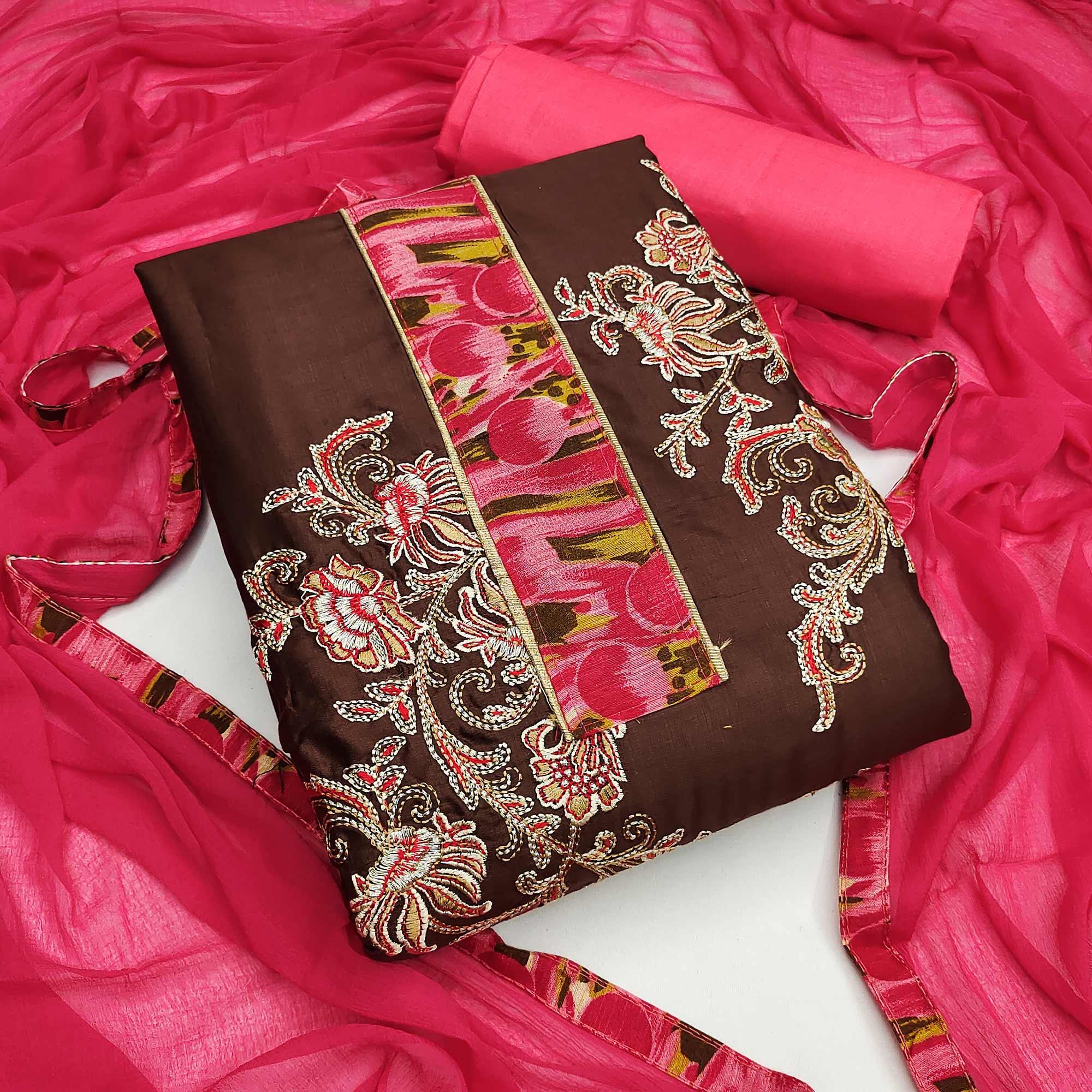 Brown Festive Wear Floral Embroidered Cotton Dress Material - Peachmode