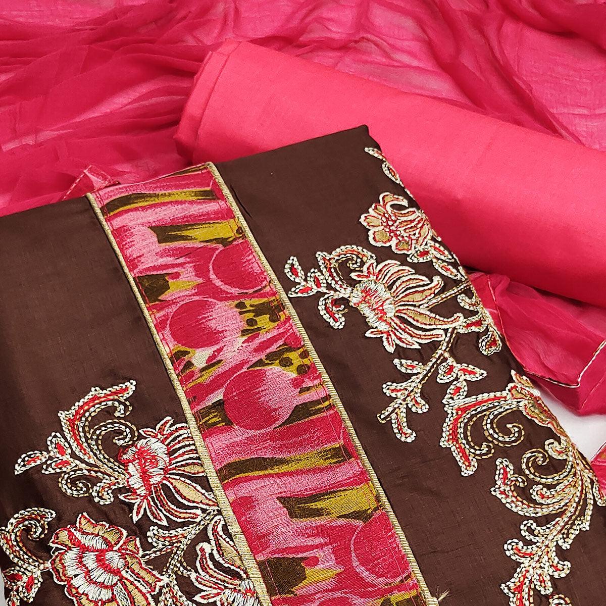 Brown Festive Wear Floral Embroidered Cotton Dress Material - Peachmode