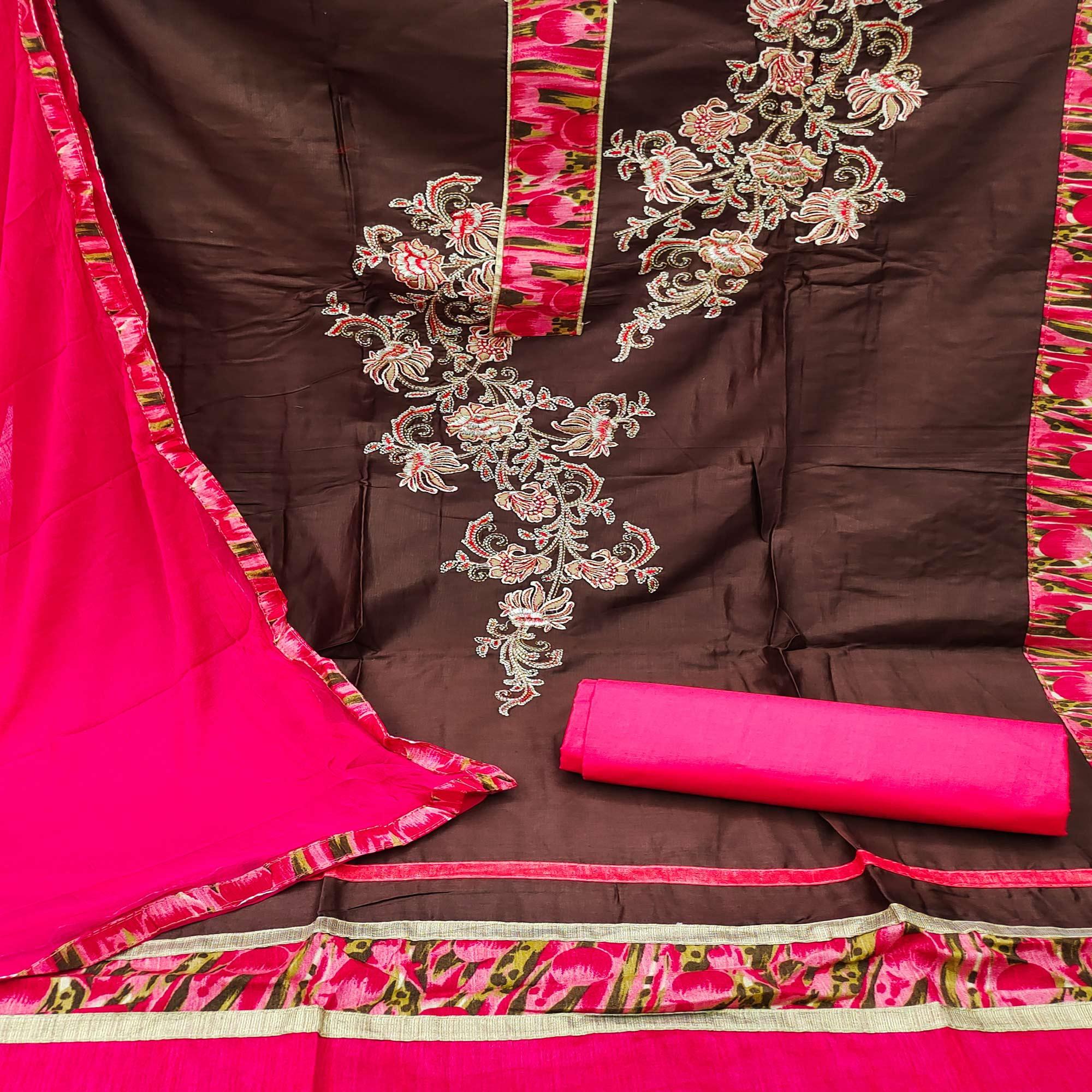 Brown Festive Wear Floral Embroidered Cotton Dress Material - Peachmode