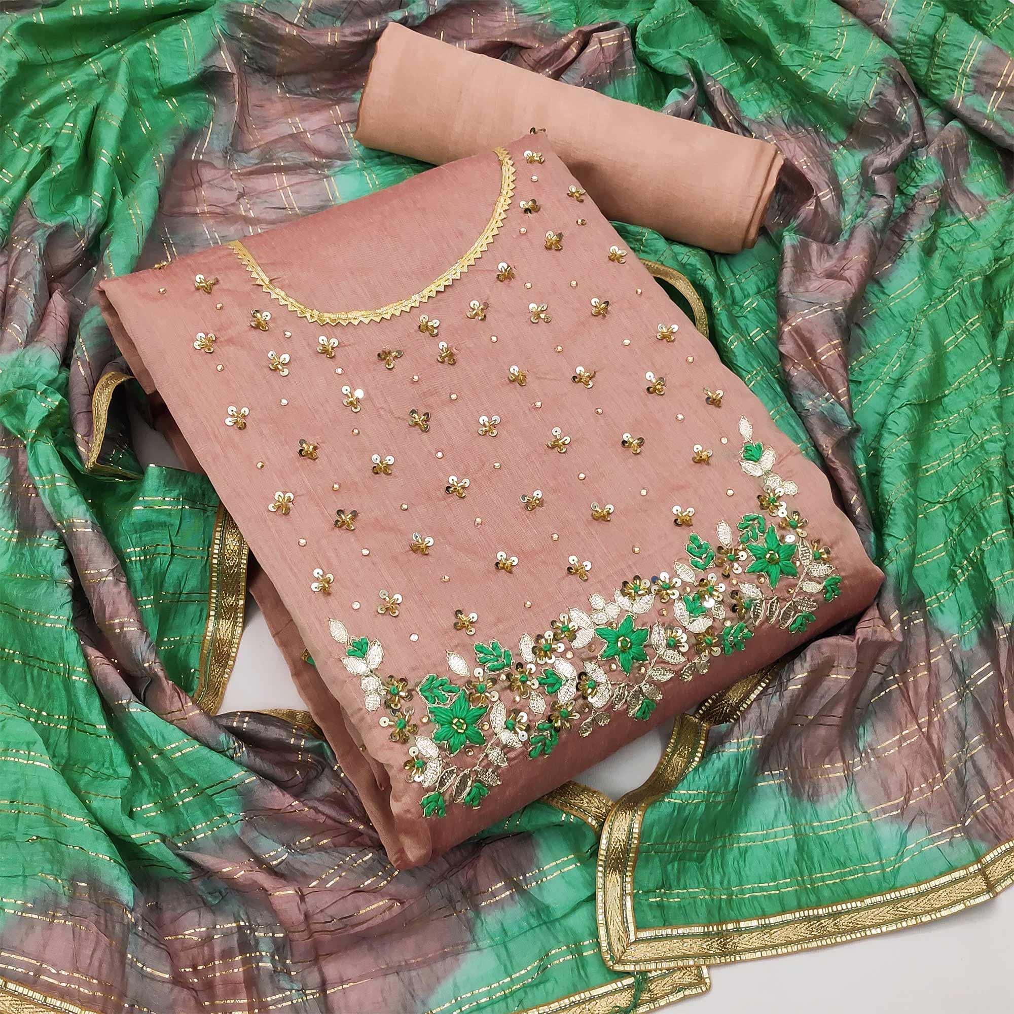 Brown Festive Wear Floral Handwork Modal Chanderi Dress Material - Peachmode