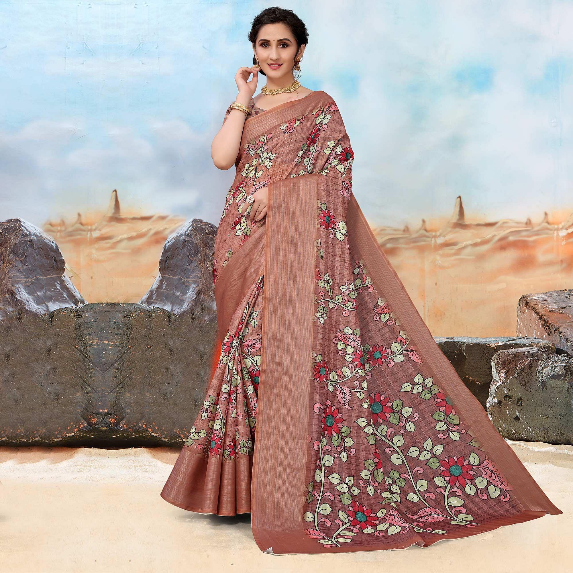 Brown Festive Wear Floral Printed Art Silk Saree - Peachmode