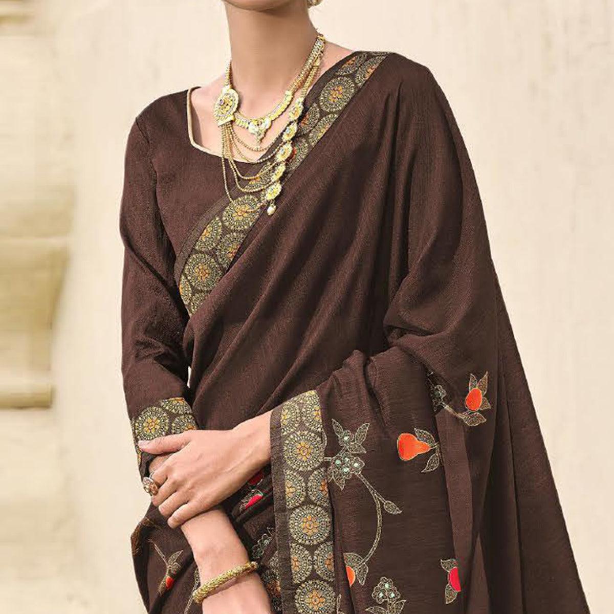 Brown Festive Wear Foil Printed Silk Saree - Peachmode