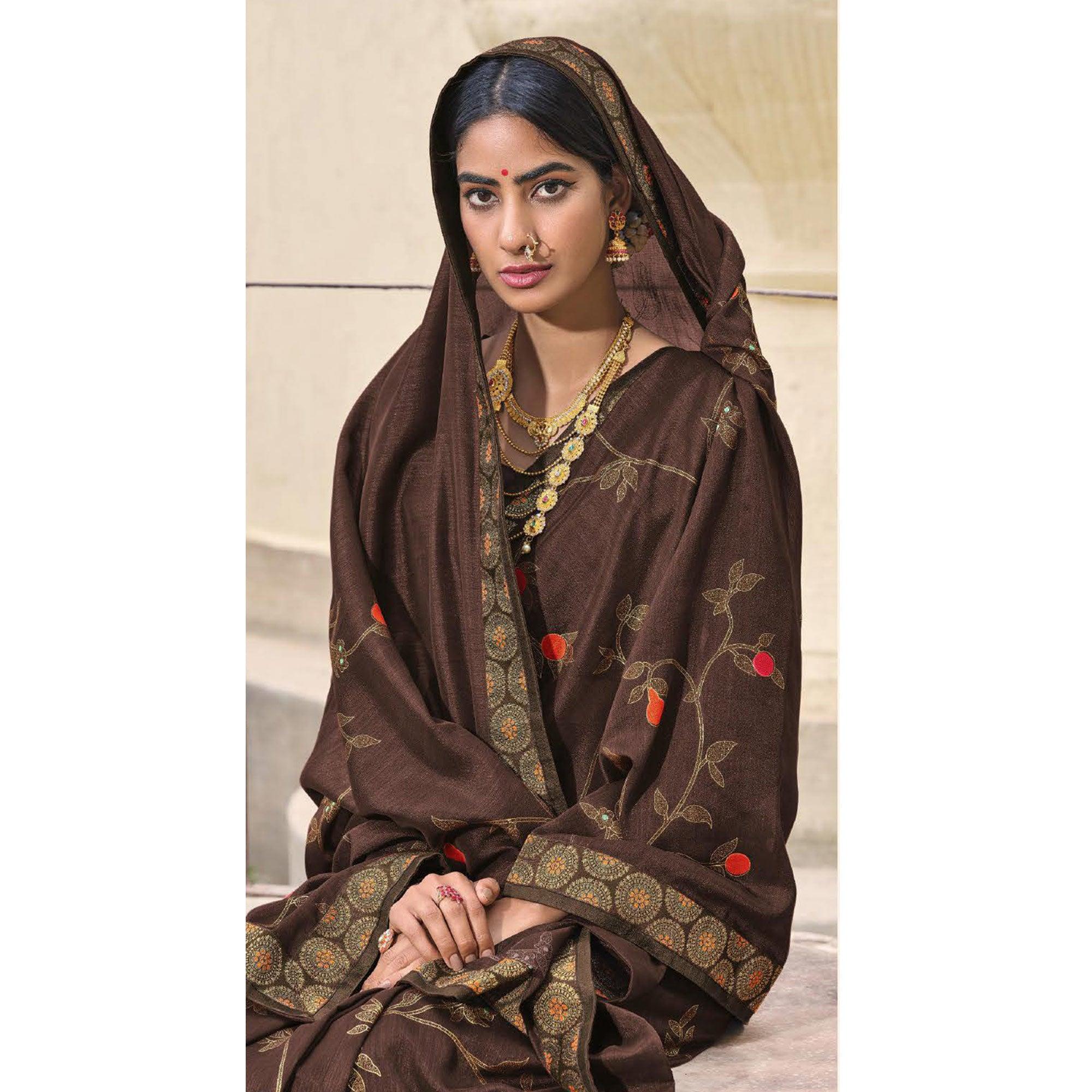 Brown Festive Wear Foil Printed Silk Saree - Peachmode