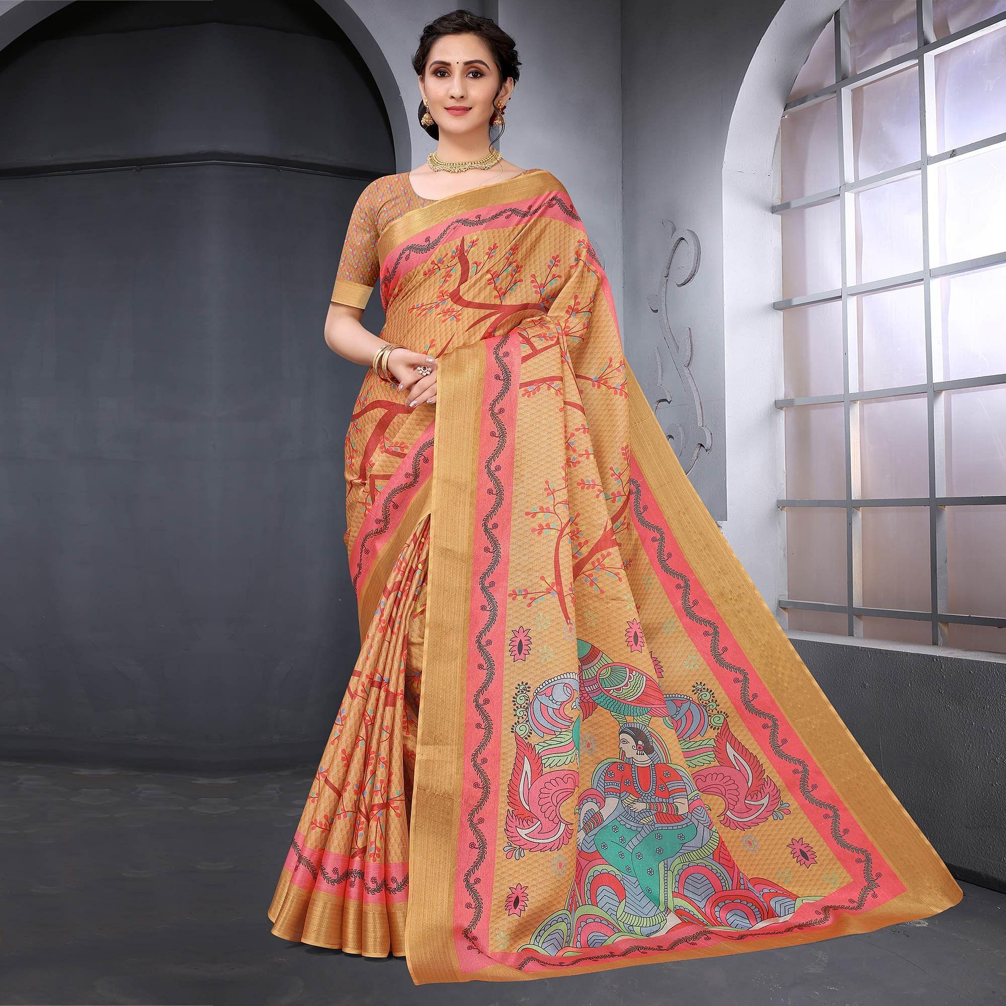 Brown Festive Wear Printed Art Silk Saree - Peachmode