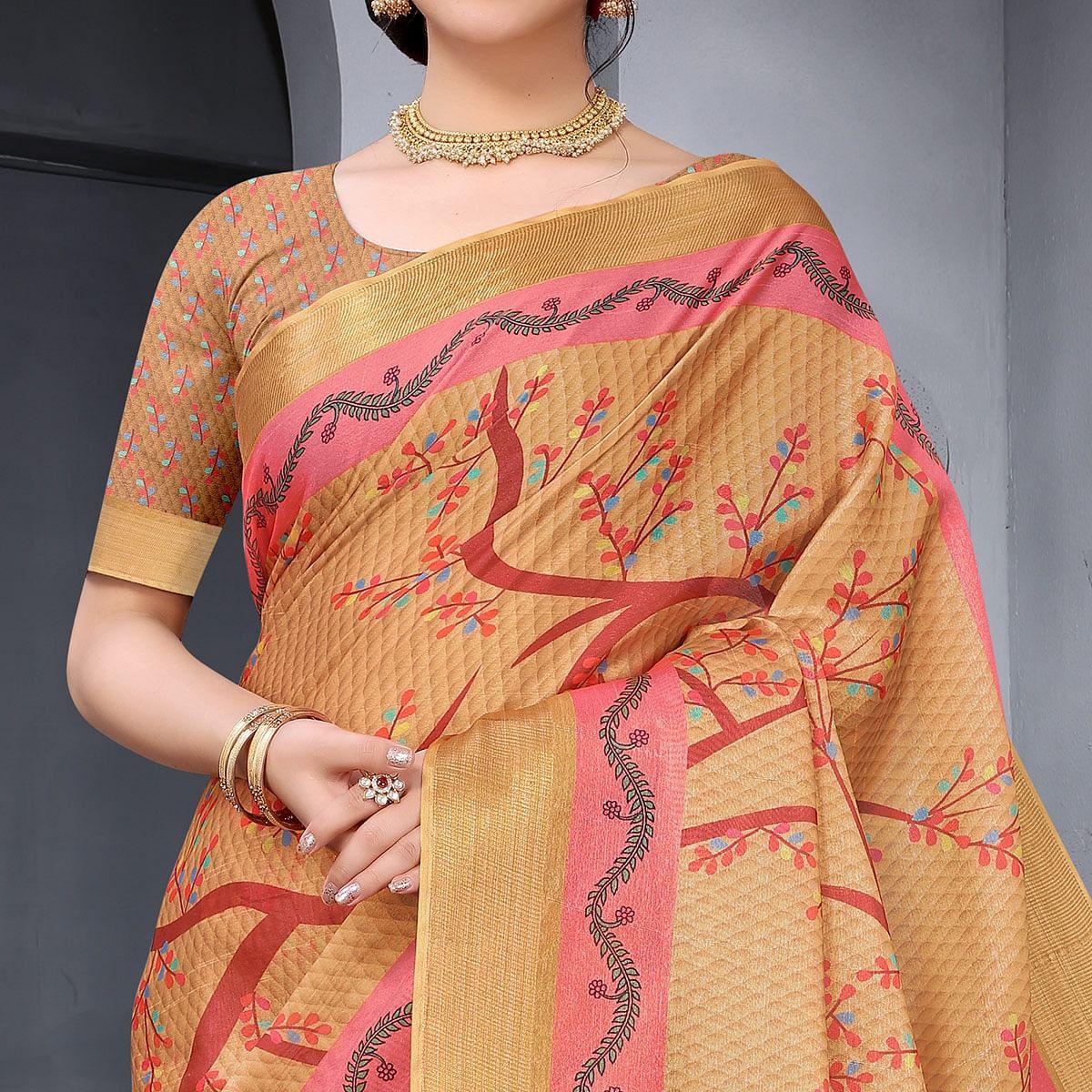 Brown Festive Wear Printed Art Silk Saree - Peachmode