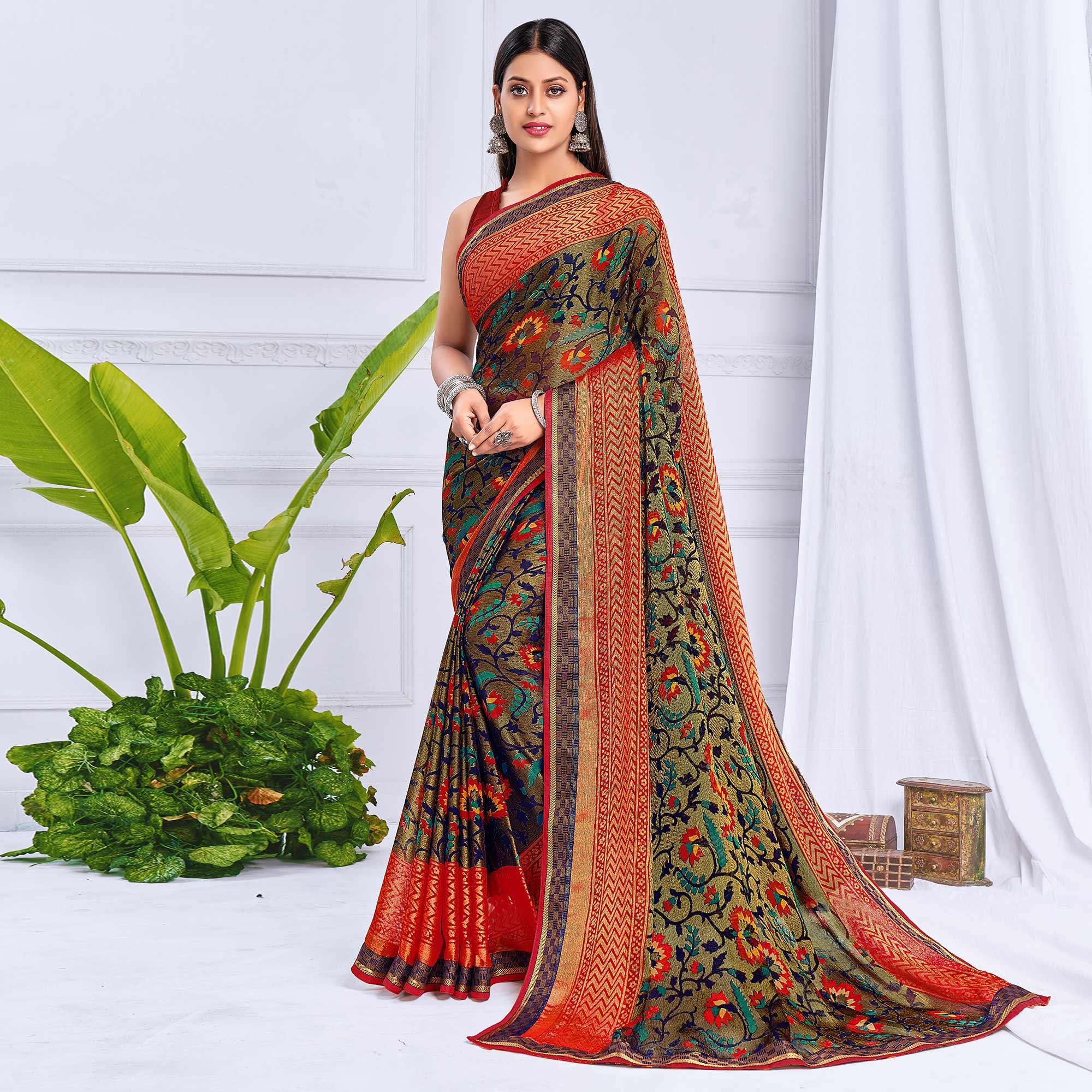 Brown Festive Wear Printed Brasso Saree - Peachmode