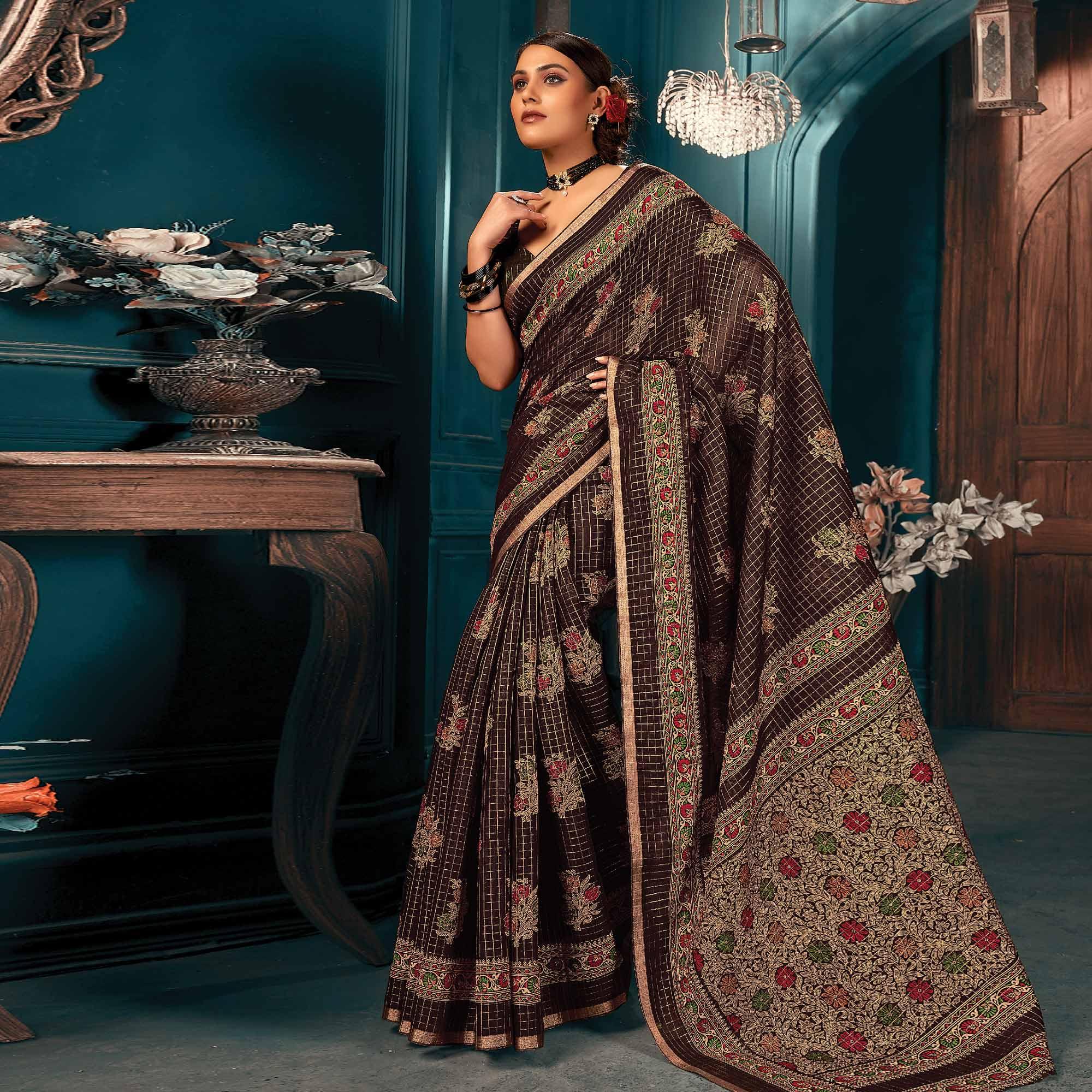 Brown Festive Wear Printed Cotton Saree - Peachmode