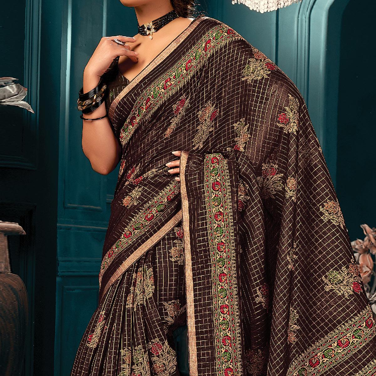 Brown Festive Wear Printed Cotton Saree - Peachmode