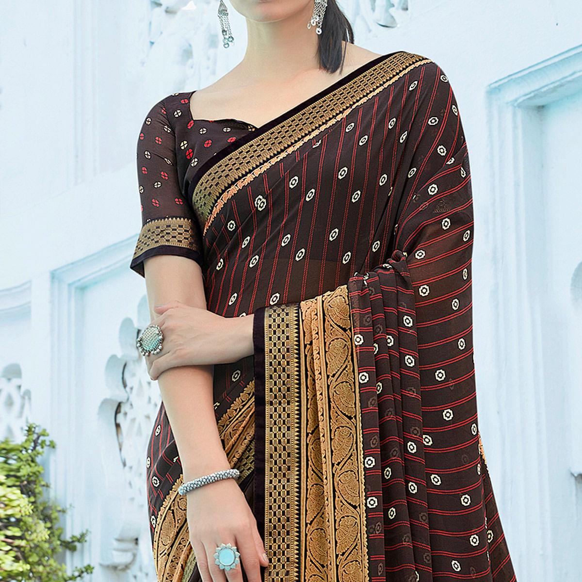 Brown Festive Wear Printed Georgette Saree With Border - Peachmode