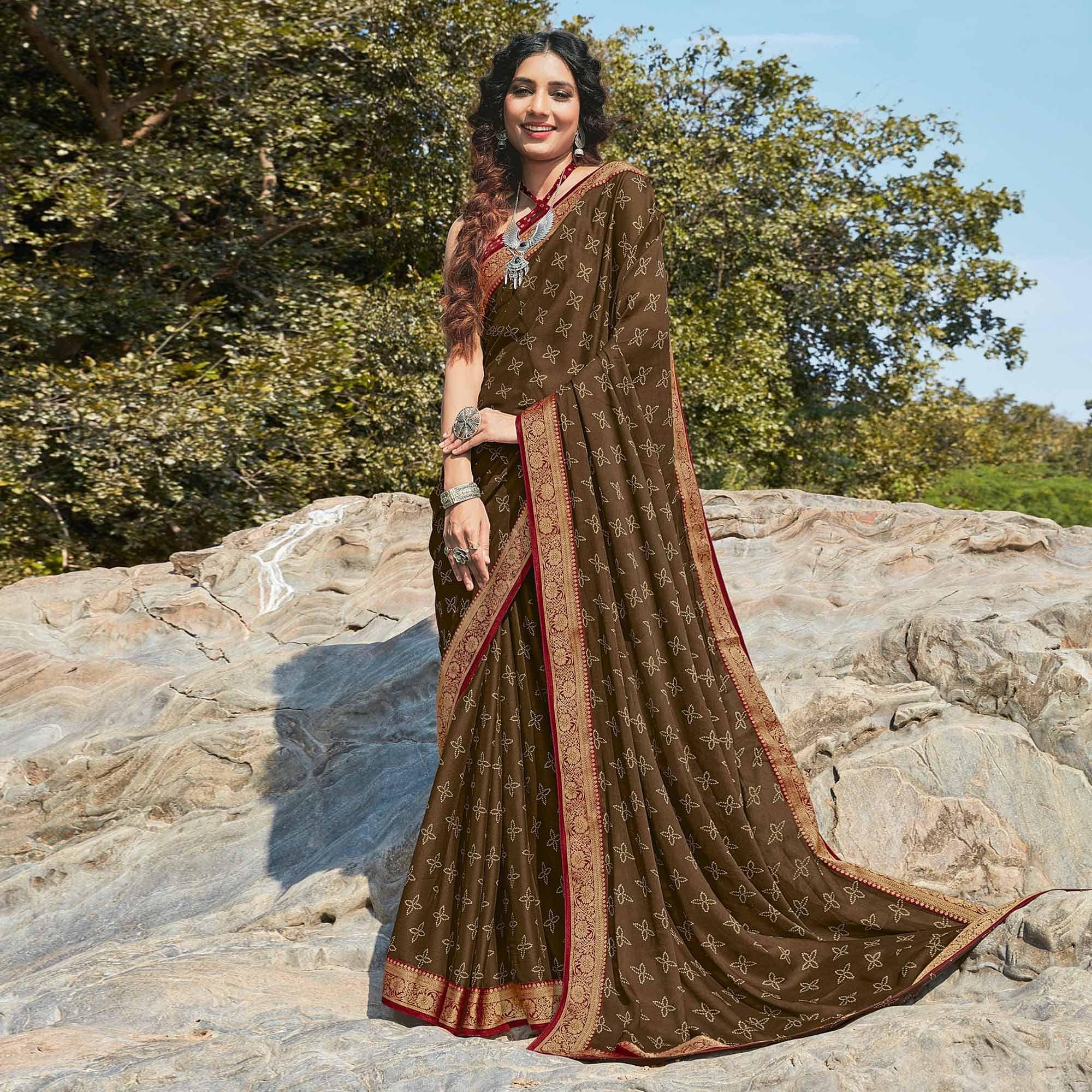 Brown Festive Wear Printed Silk Saree - Peachmode