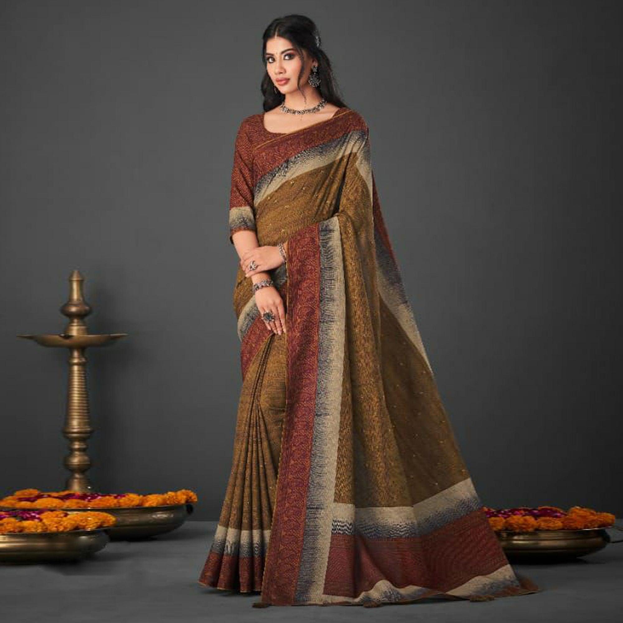 Brown Festive Wear Printed Silk Saree - Peachmode